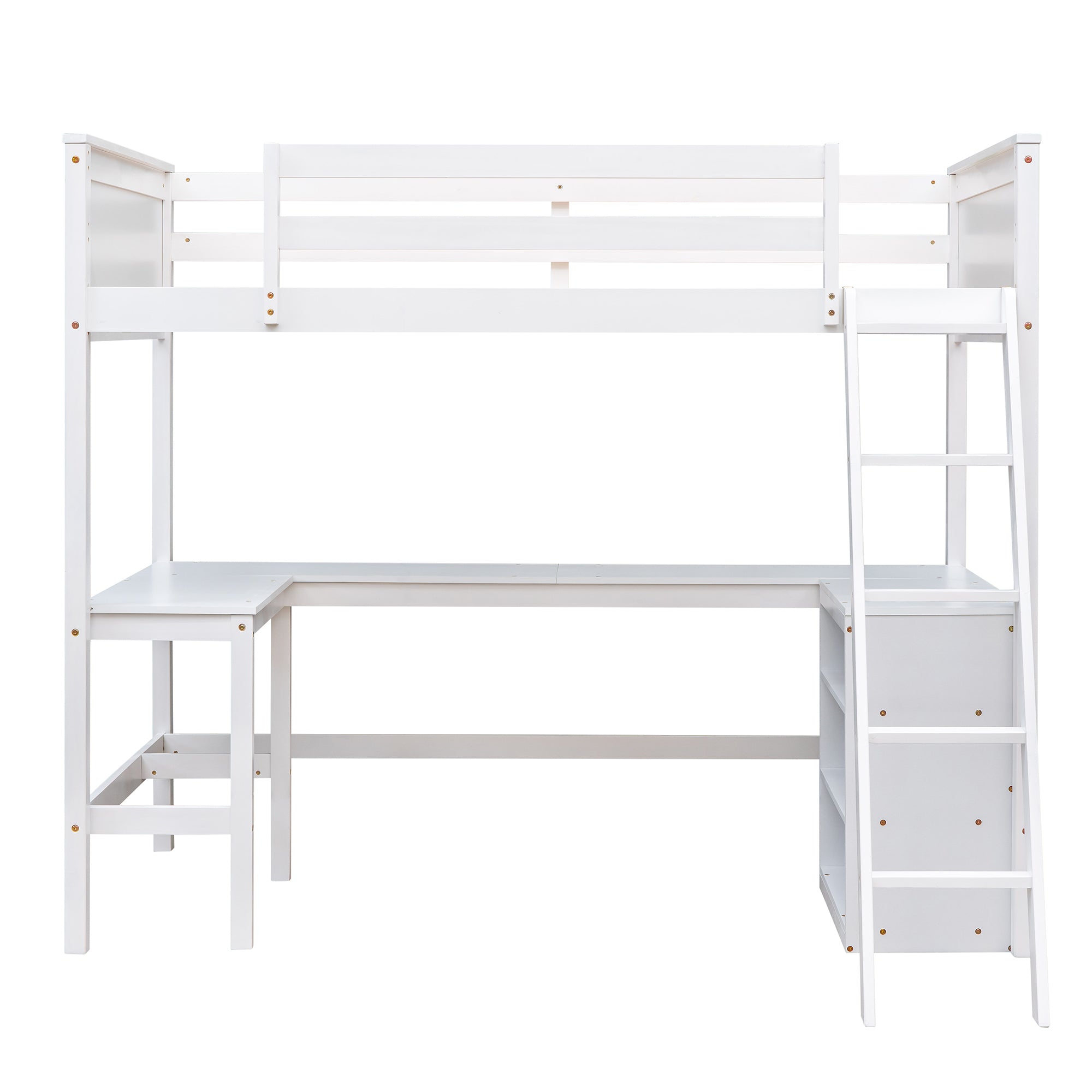 Twin size Loft Bed with Shelves and Desk, Wooden Loft Bed with Desk - White