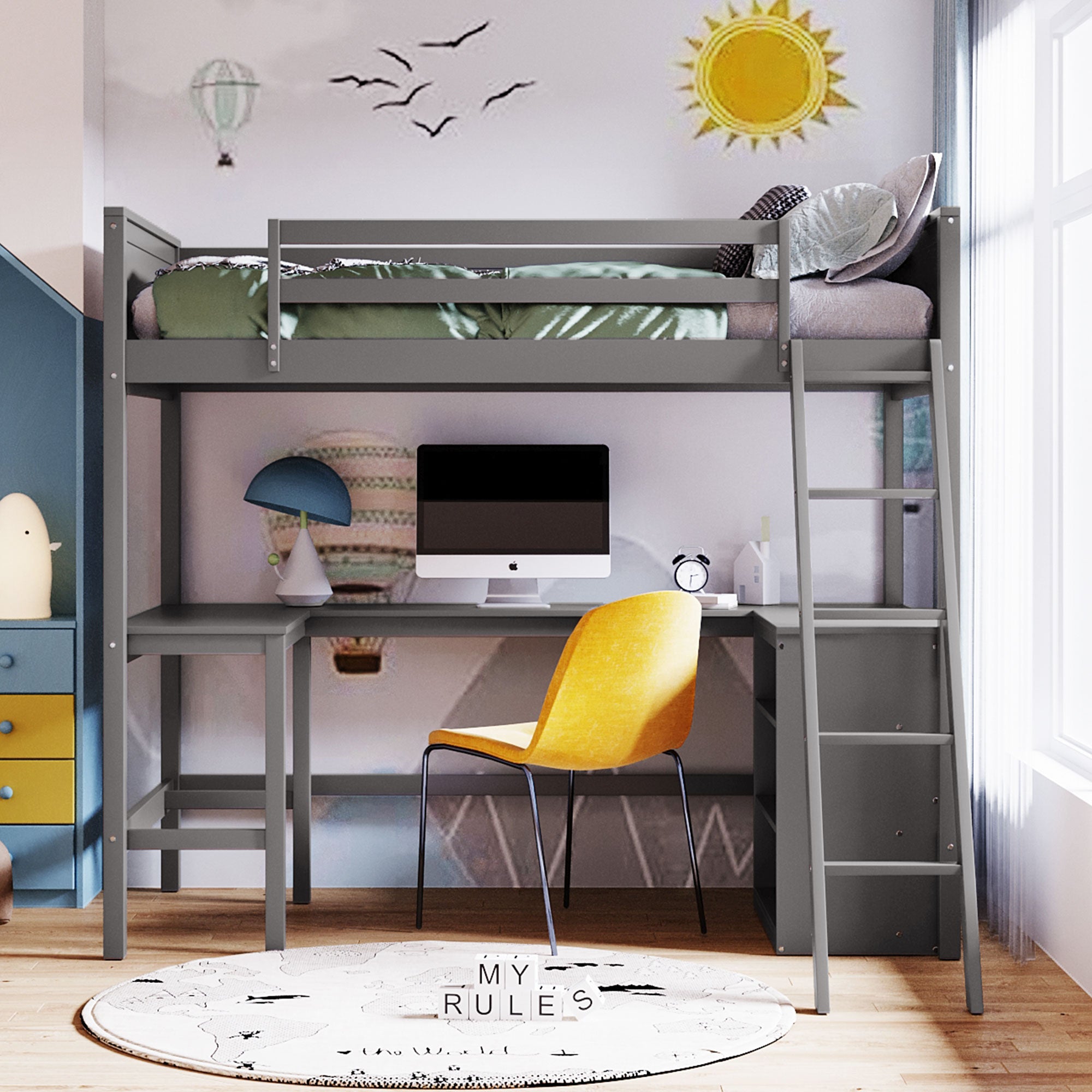 Twin size Loft Bed with Shelves and Desk, Wooden Loft Bed with Desk - Gray