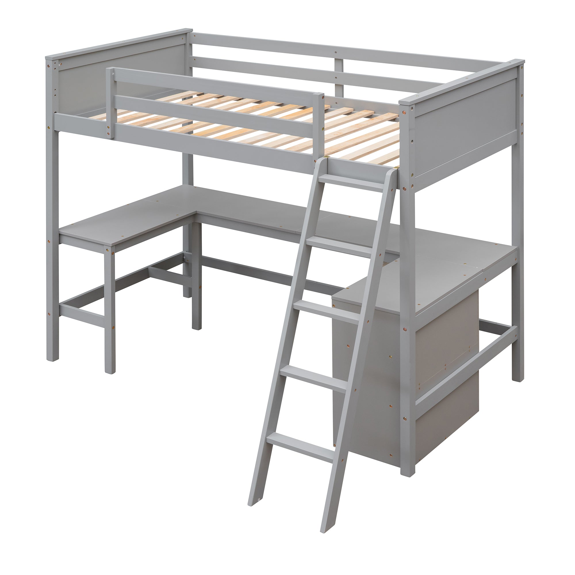 Twin size Loft Bed with Shelves and Desk, Wooden Loft Bed with Desk - Gray