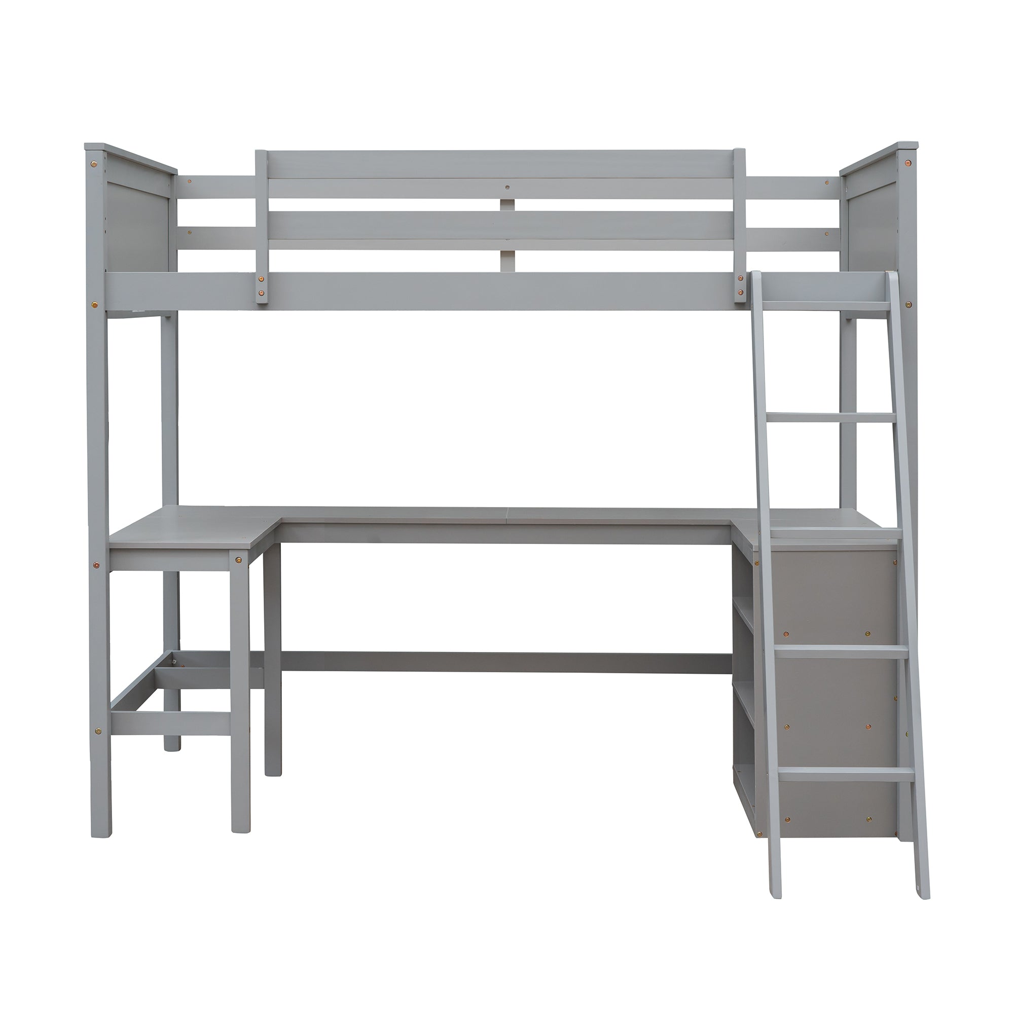 Twin size Loft Bed with Shelves and Desk, Wooden Loft Bed with Desk - Gray