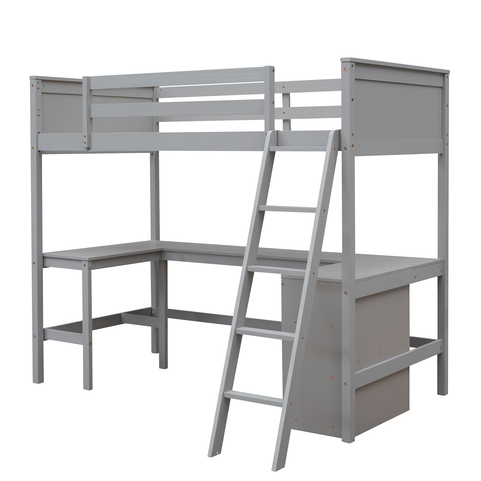 Twin size Loft Bed with Shelves and Desk, Wooden Loft Bed with Desk - Gray