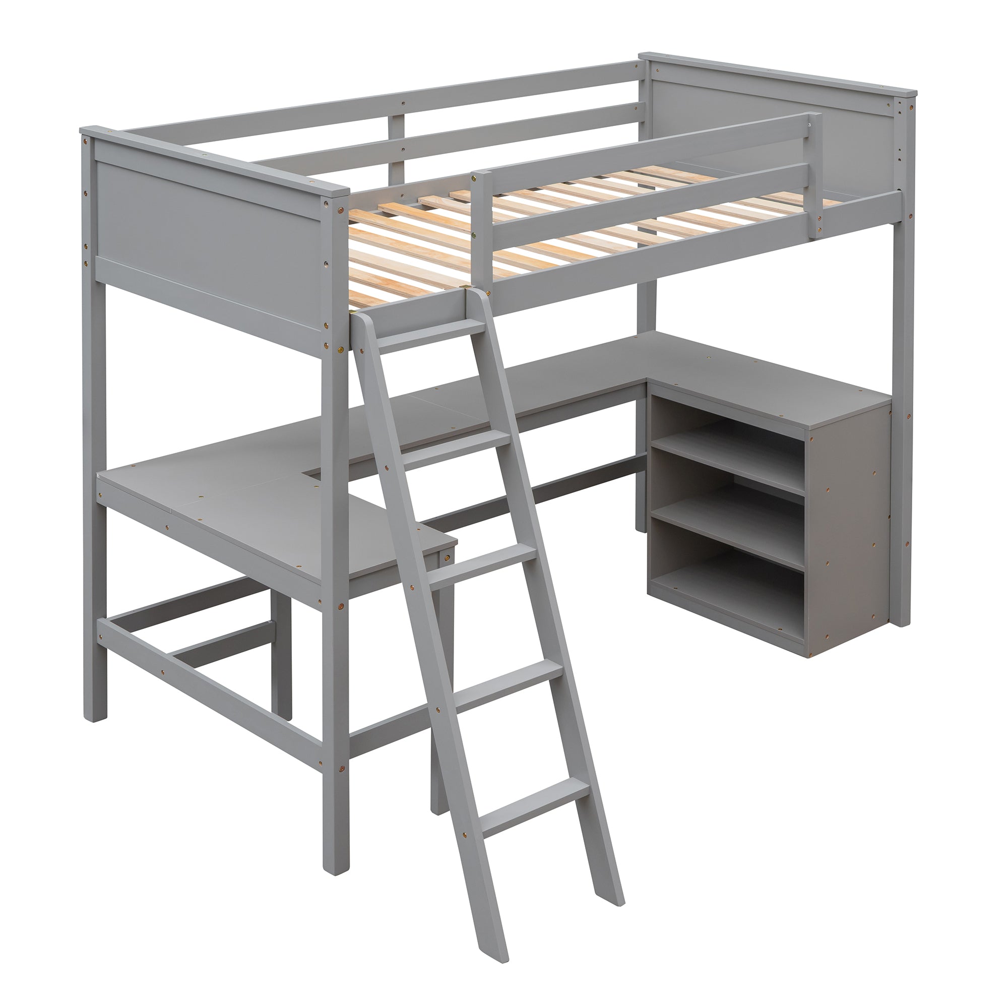 Twin size Loft Bed with Shelves and Desk, Wooden Loft Bed with Desk - Gray