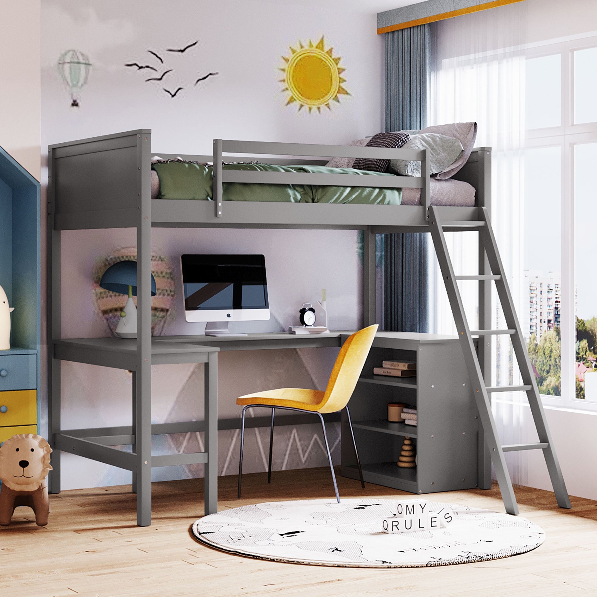 Twin size Loft Bed with Shelves and Desk, Wooden Loft Bed with Desk - Gray