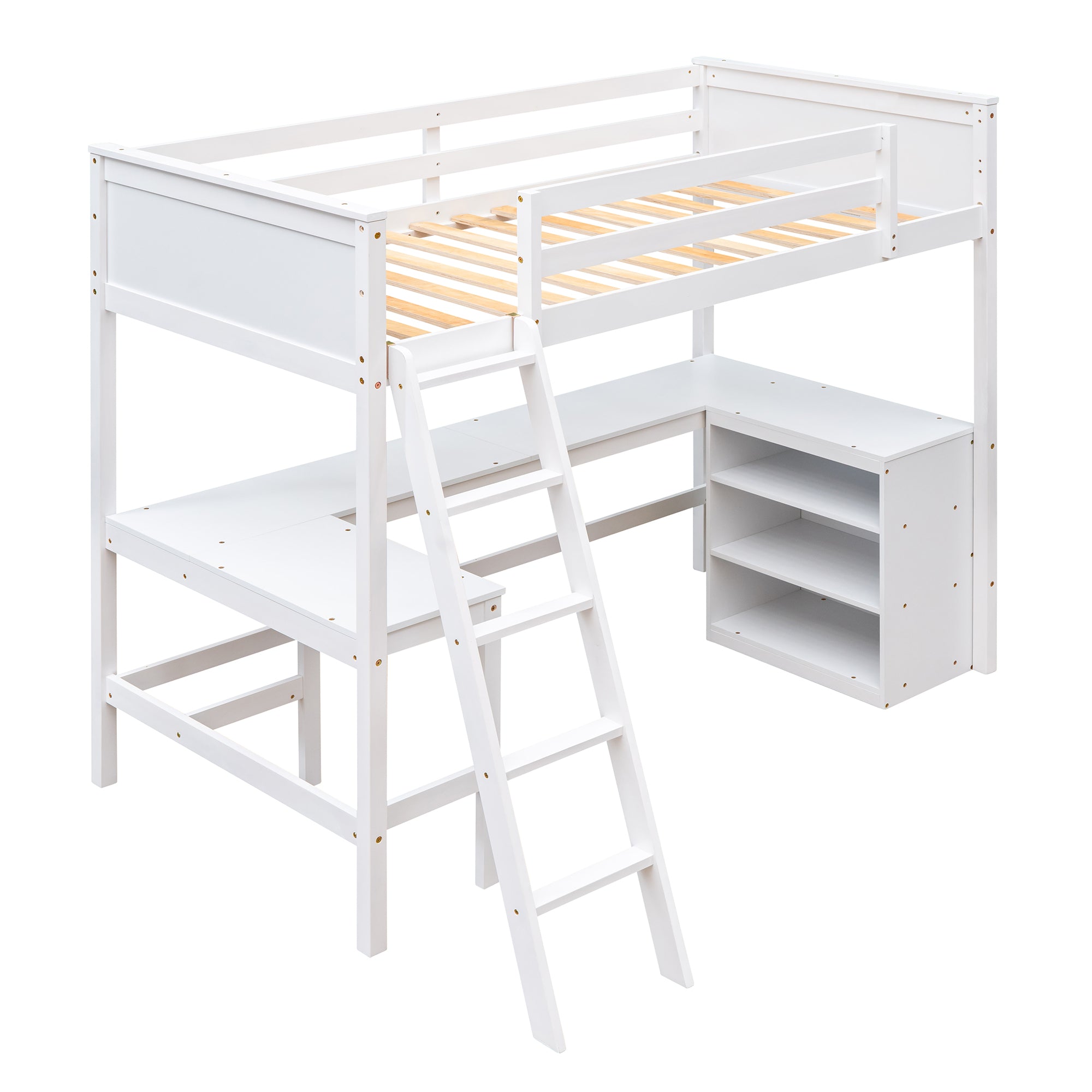 Twin size Loft Bed with Shelves and Desk, Wooden Loft Bed with Desk - White