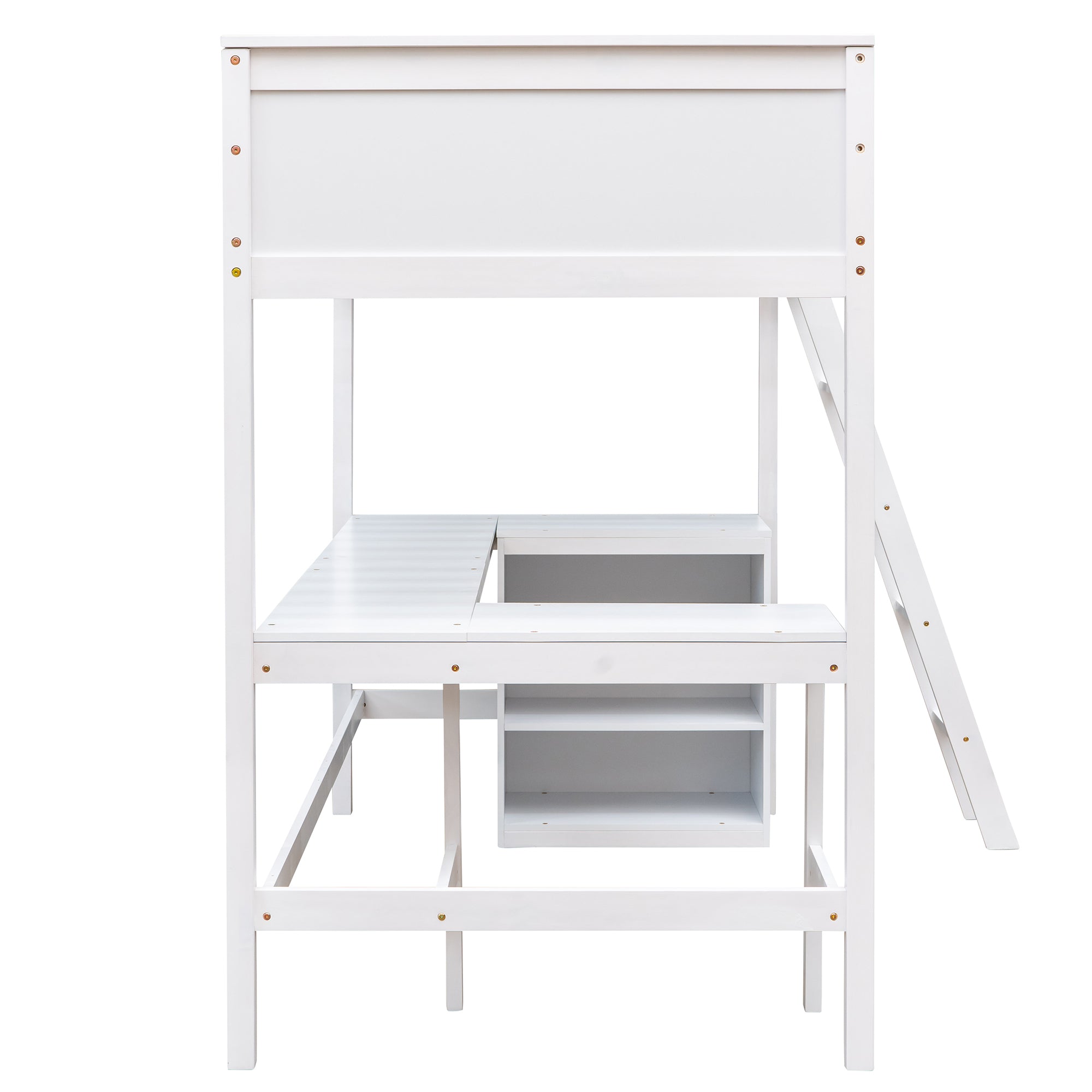 Twin size Loft Bed with Shelves and Desk, Wooden Loft Bed with Desk - White