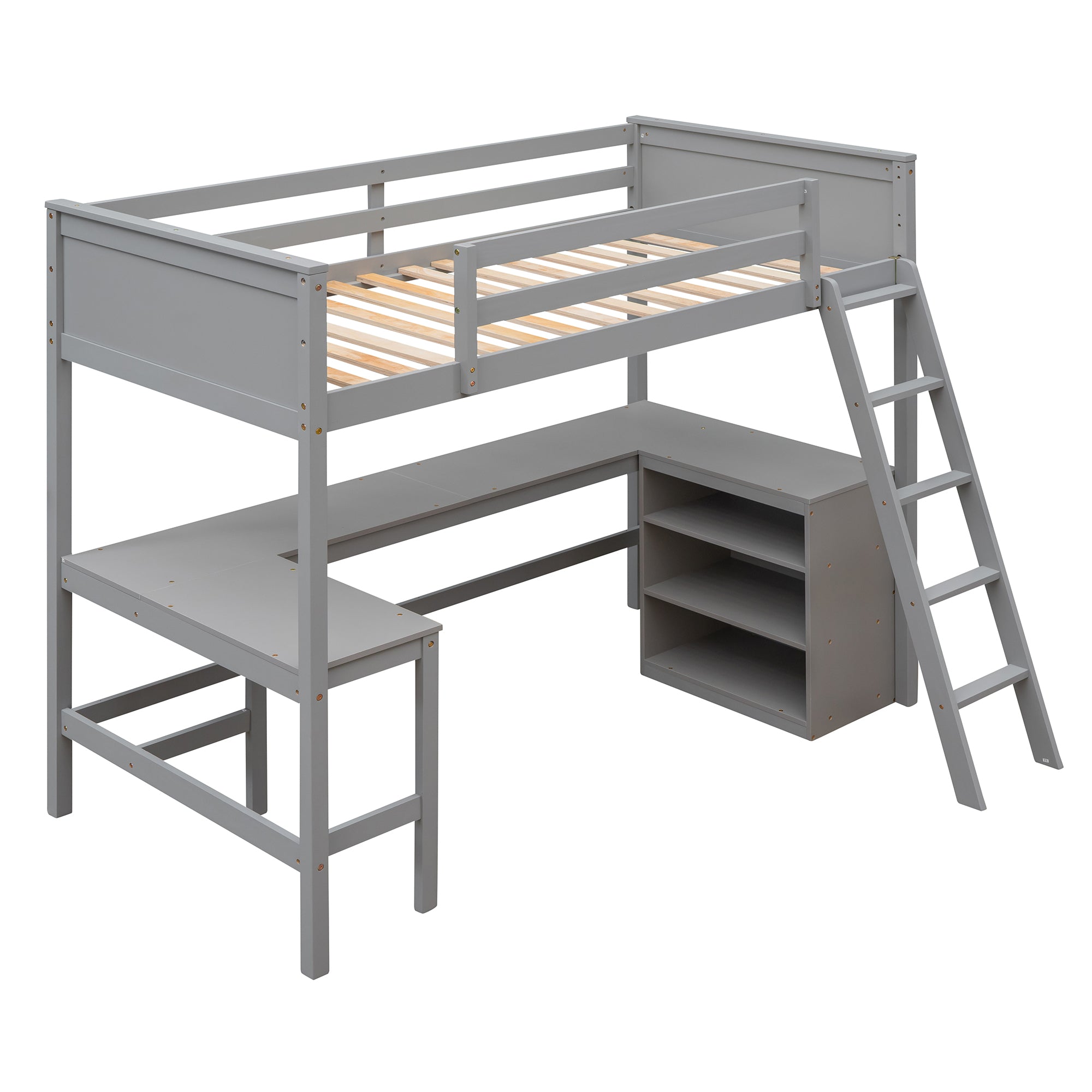 Twin size Loft Bed with Shelves and Desk, Wooden Loft Bed with Desk - Gray