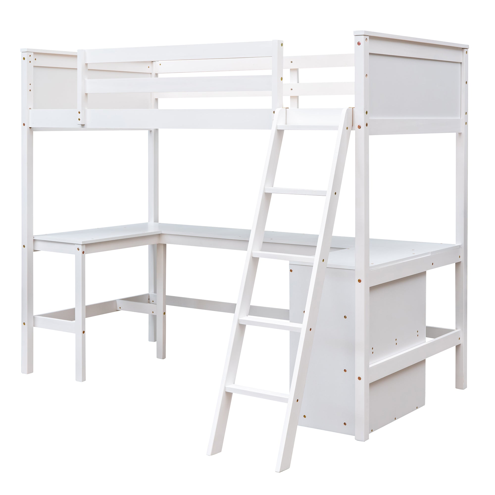 Twin size Loft Bed with Shelves and Desk, Wooden Loft Bed with Desk - White