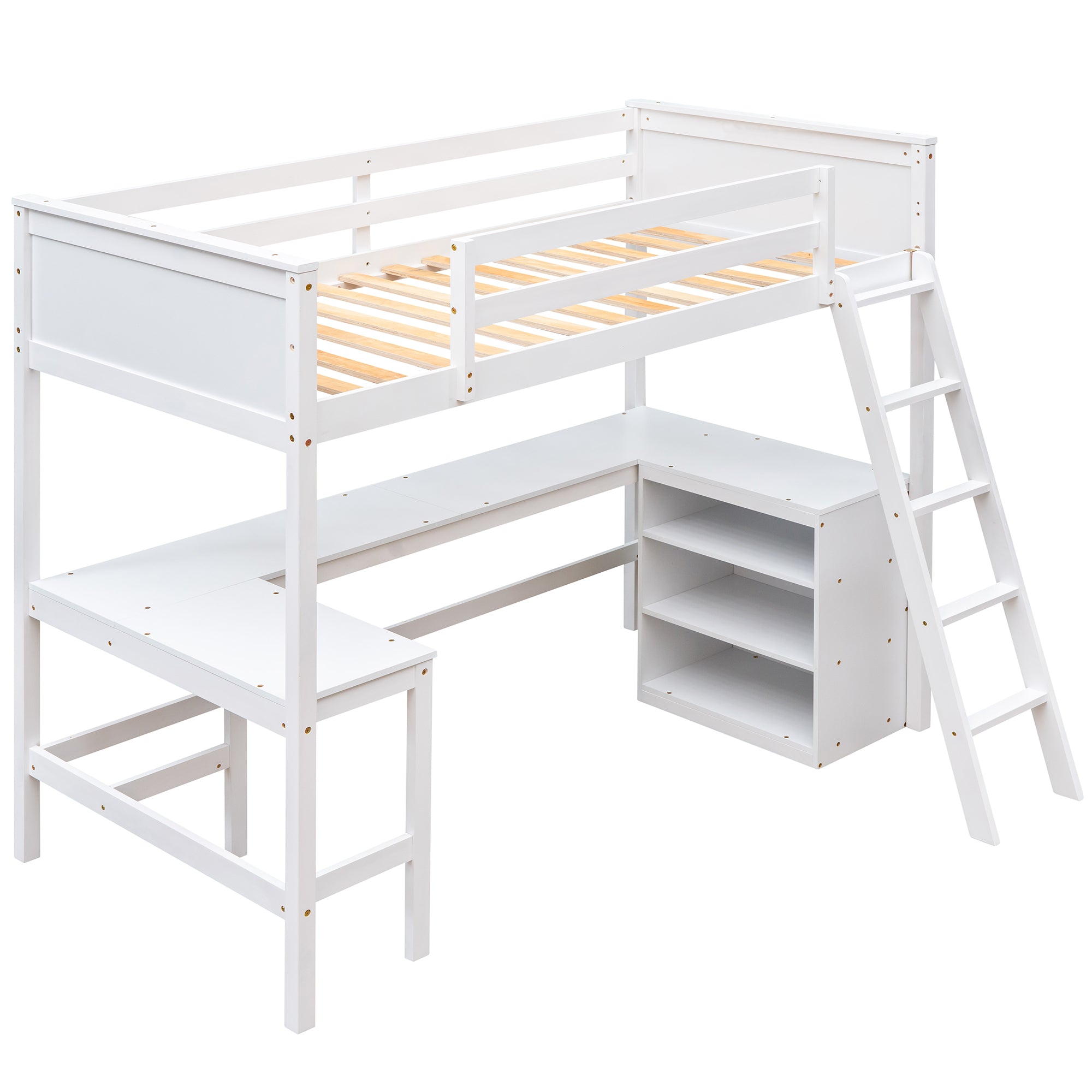 Twin size Loft Bed with Shelves and Desk, Wooden Loft Bed with Desk - White