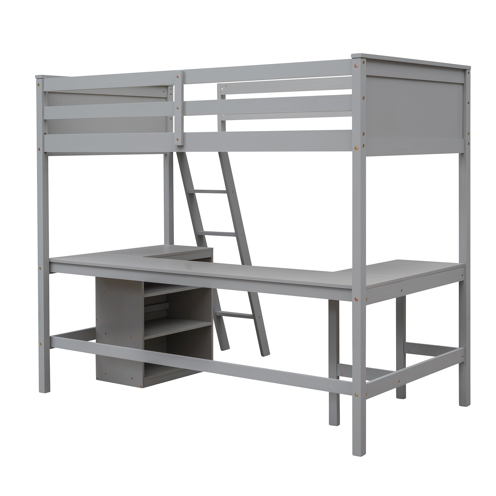 Twin size Loft Bed with Shelves and Desk, Wooden Loft Bed with Desk - Gray