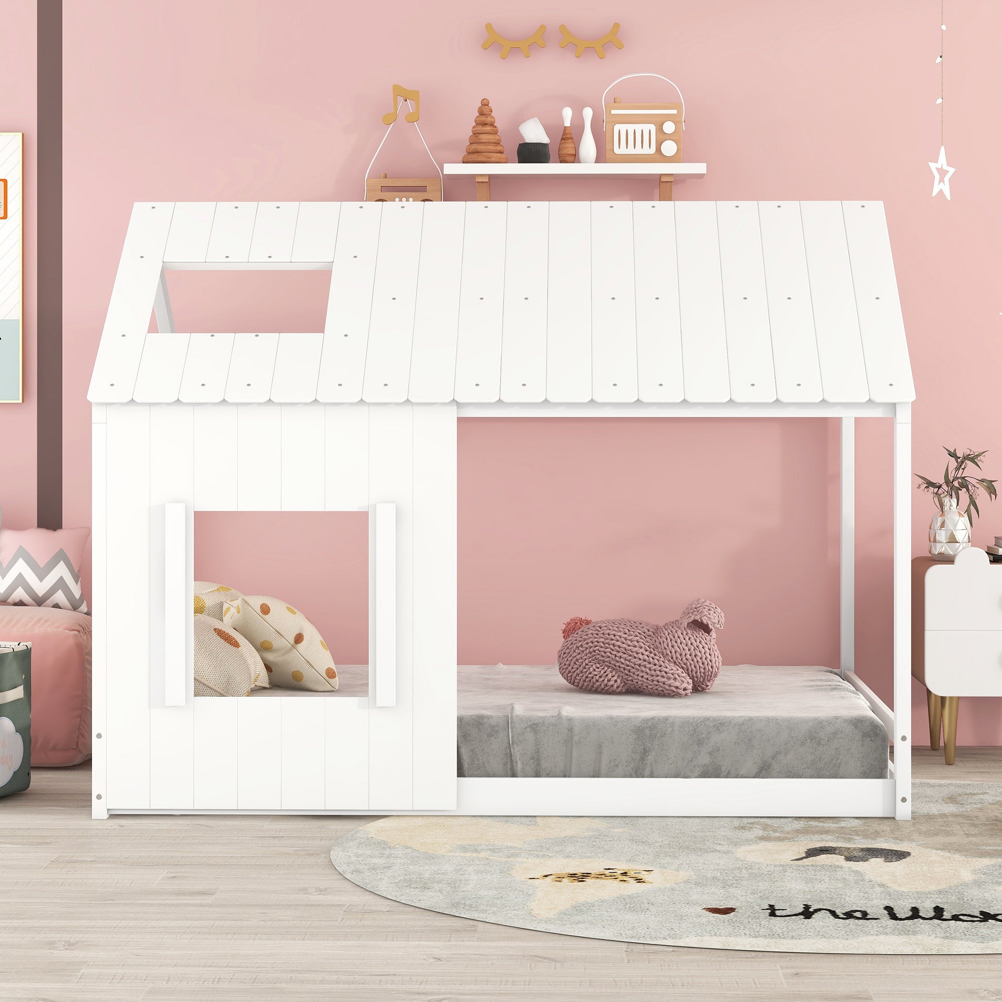 Full Size House Bed with Roof and Window, White