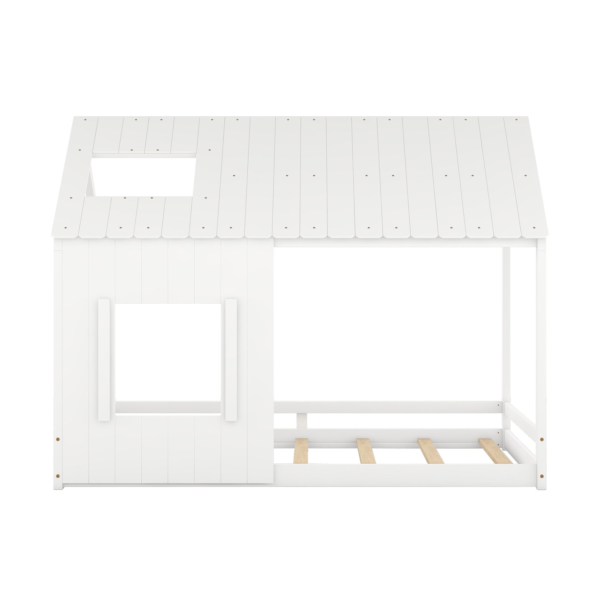 Full Size House Bed with Roof and Window, White