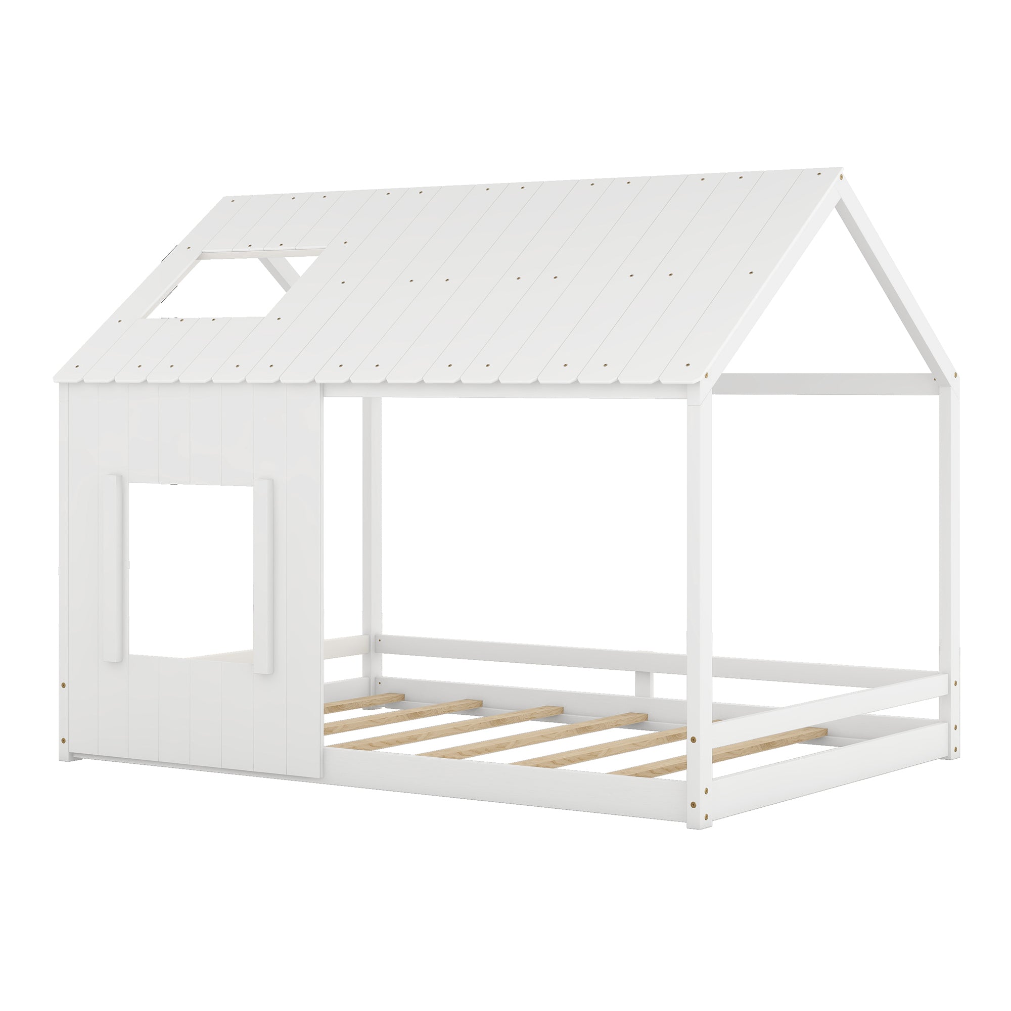 Full Size House Bed with Roof and Window, White