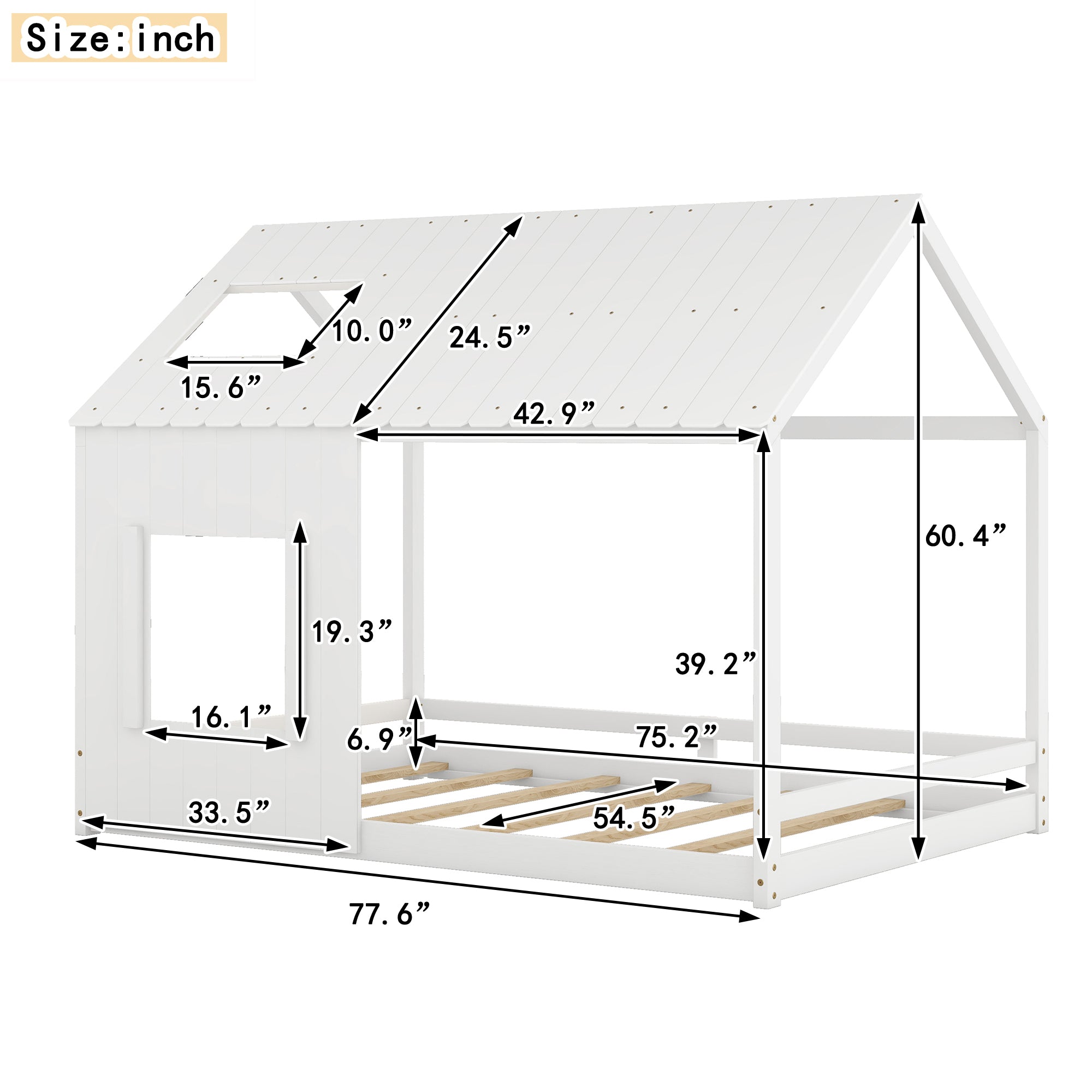 Full Size House Bed with Roof and Window, White