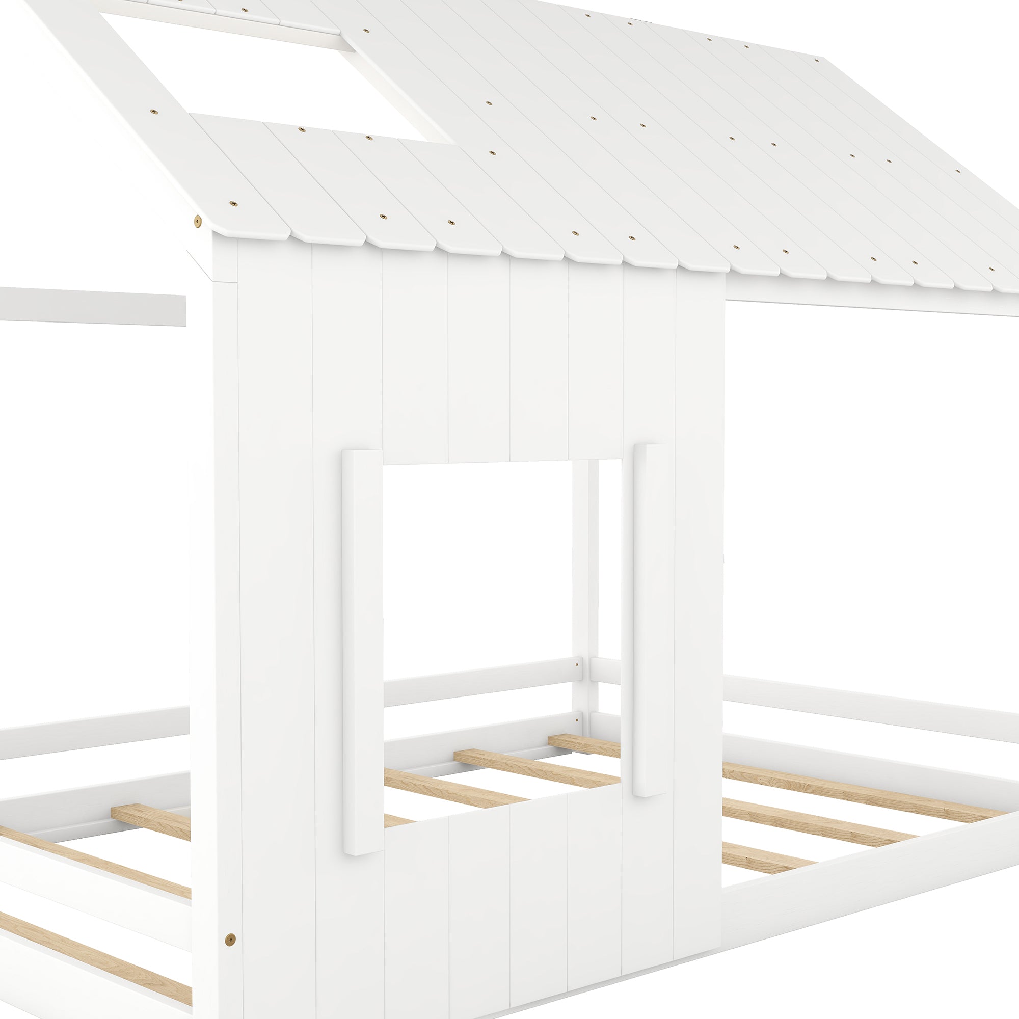 Full Size House Bed with Roof and Window, White