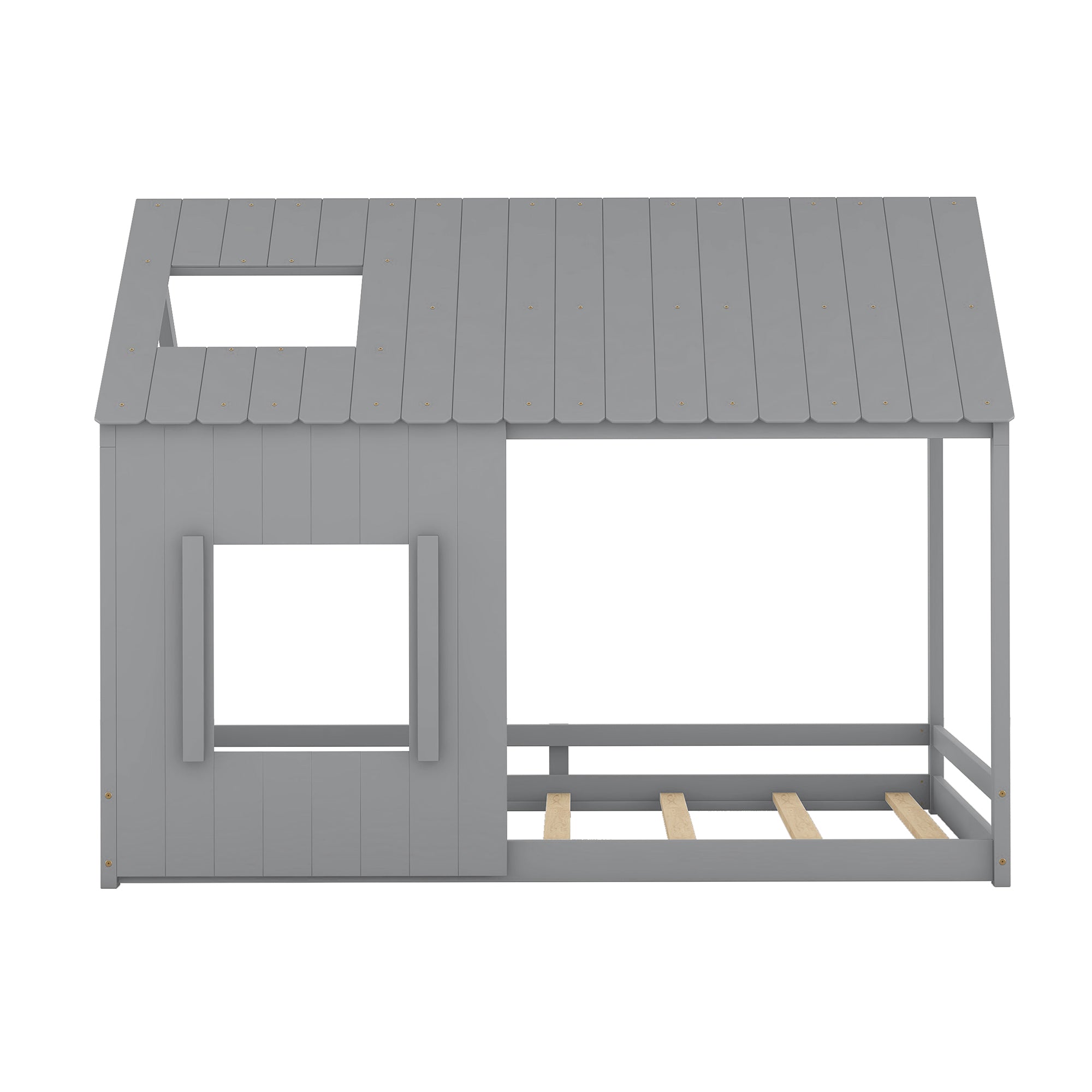 Full Size House Bed with Roof and Window - Gray