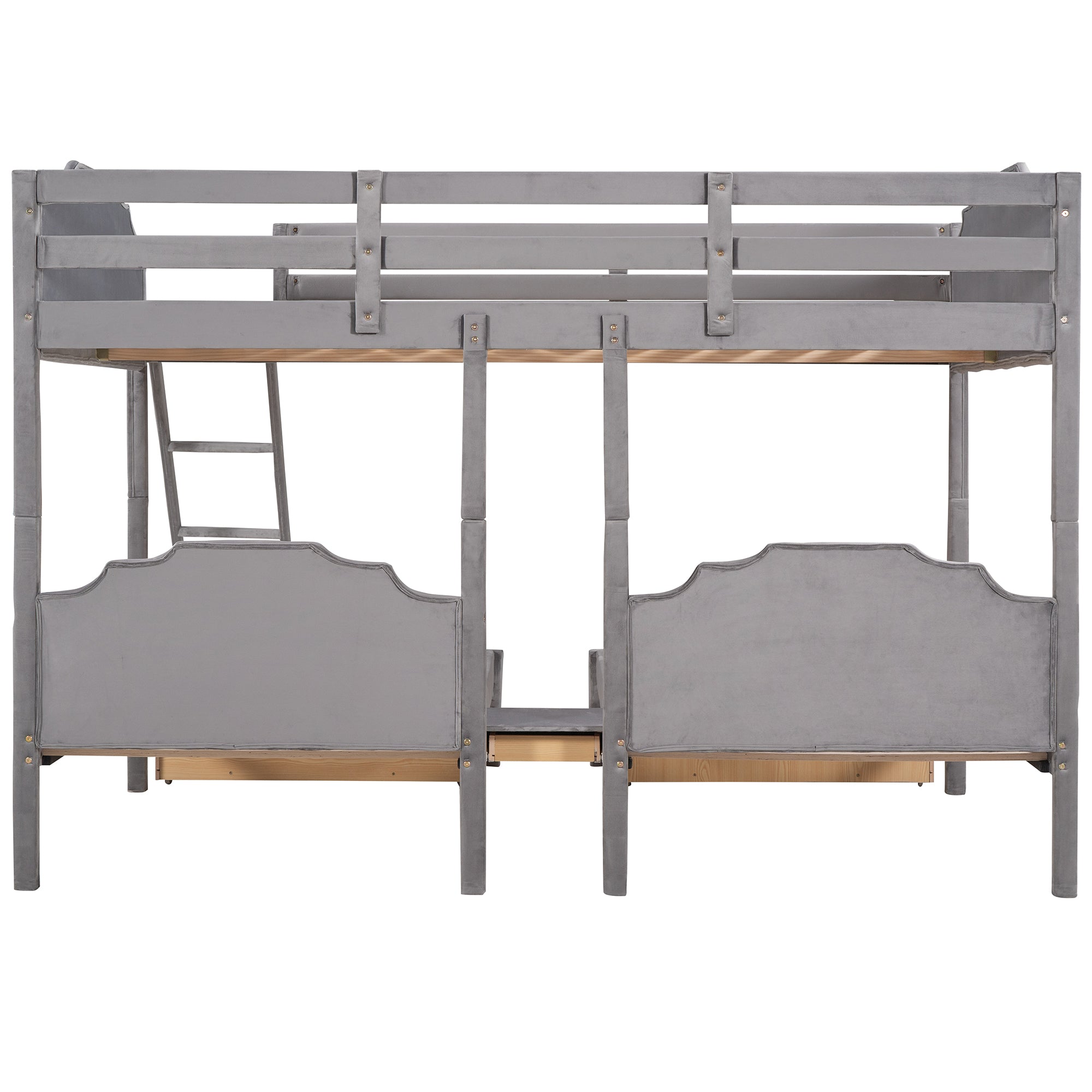 Full Over Twin & Twin Bunk Bed, Velvet Triple Bunk Bed with Drawers and Guardrails, Gray