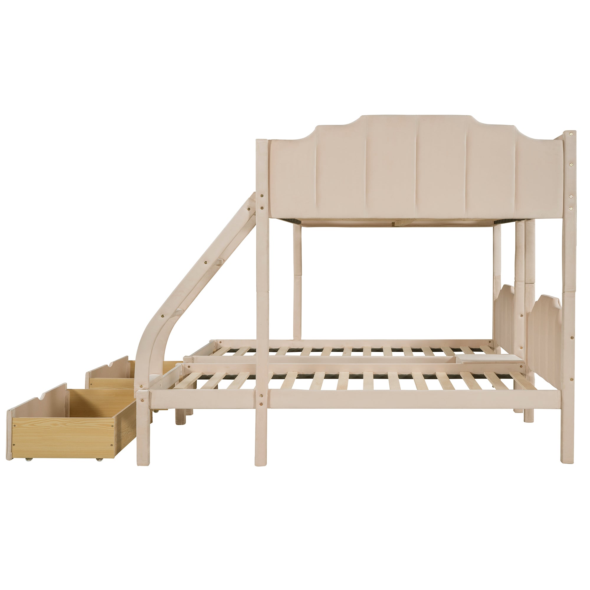 Full Over Twin & Twin Bunk Bed, Velvet Triple Bunk Bed with Drawers and Guardrails, Beige