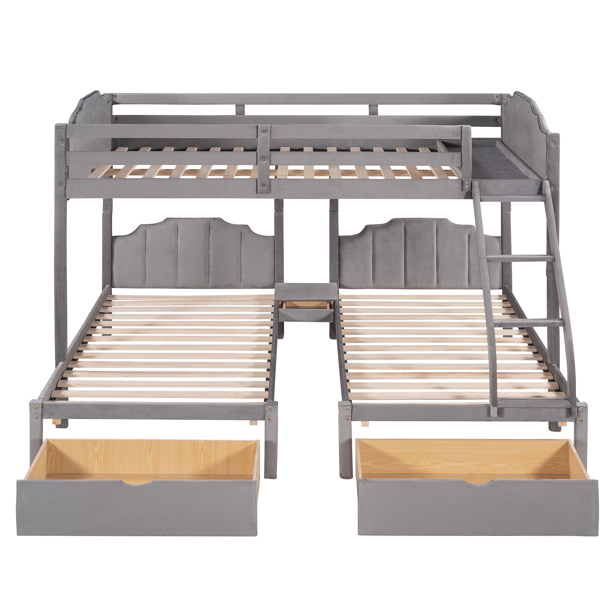 Full Over Twin & Twin Bunk Bed, Velvet Triple Bunk Bed with Drawers and Guardrails, Gray