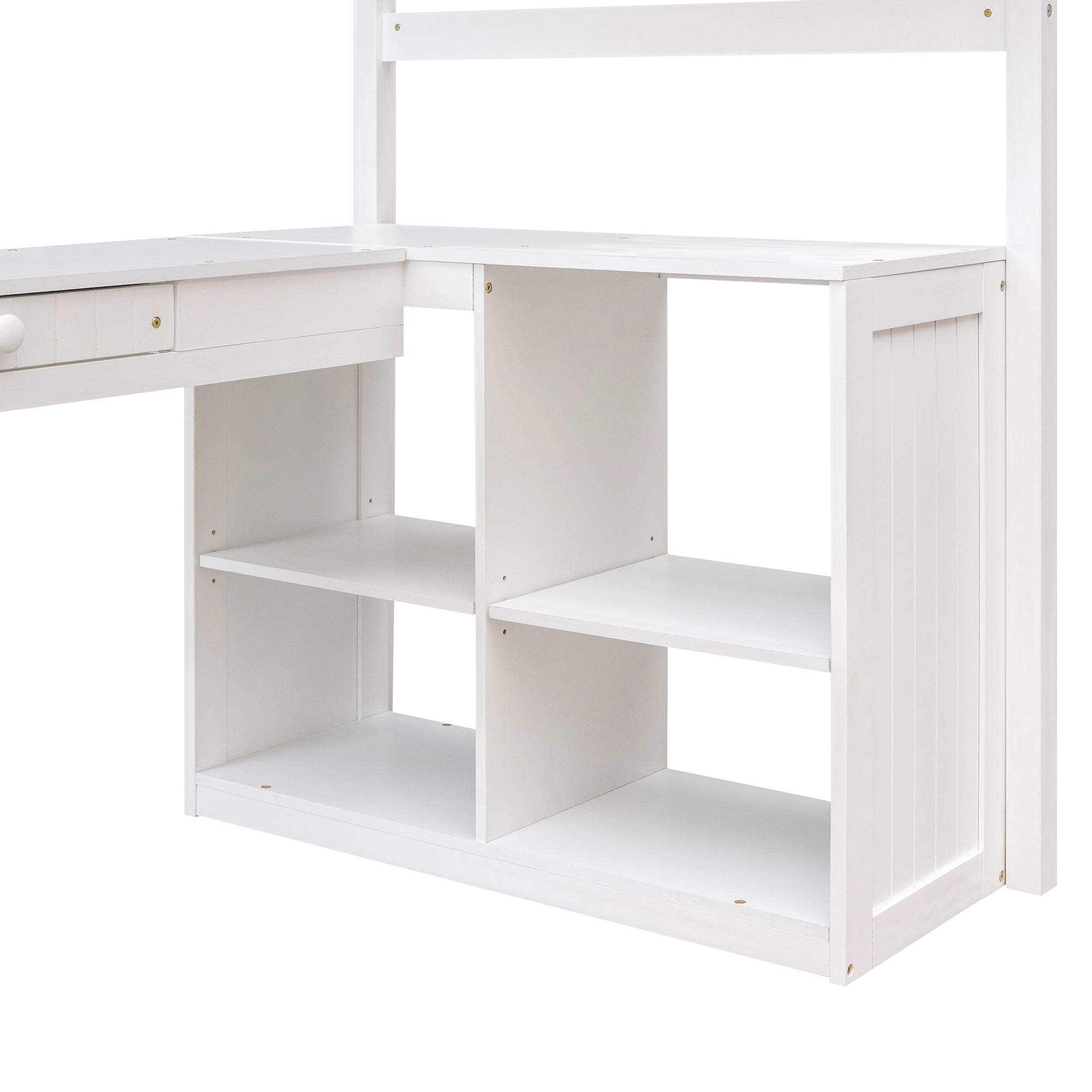 Twin size Loft Bed with Drawers, Cabinet, Shelves and Desk, Wooden Loft Bed with Desk - White