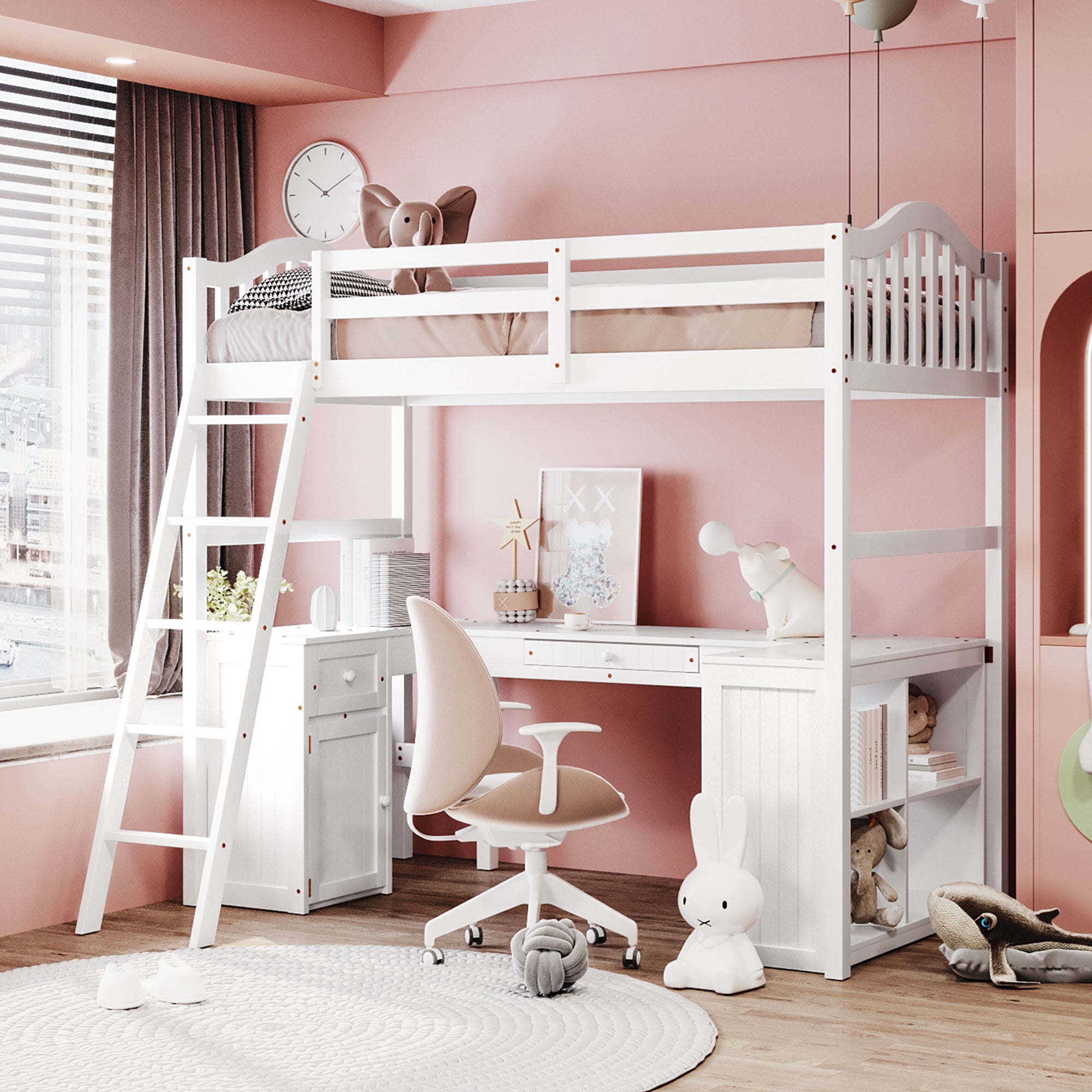 Twin size Loft Bed with Drawers, Cabinet, Shelves and Desk, Wooden Loft Bed with Desk - White