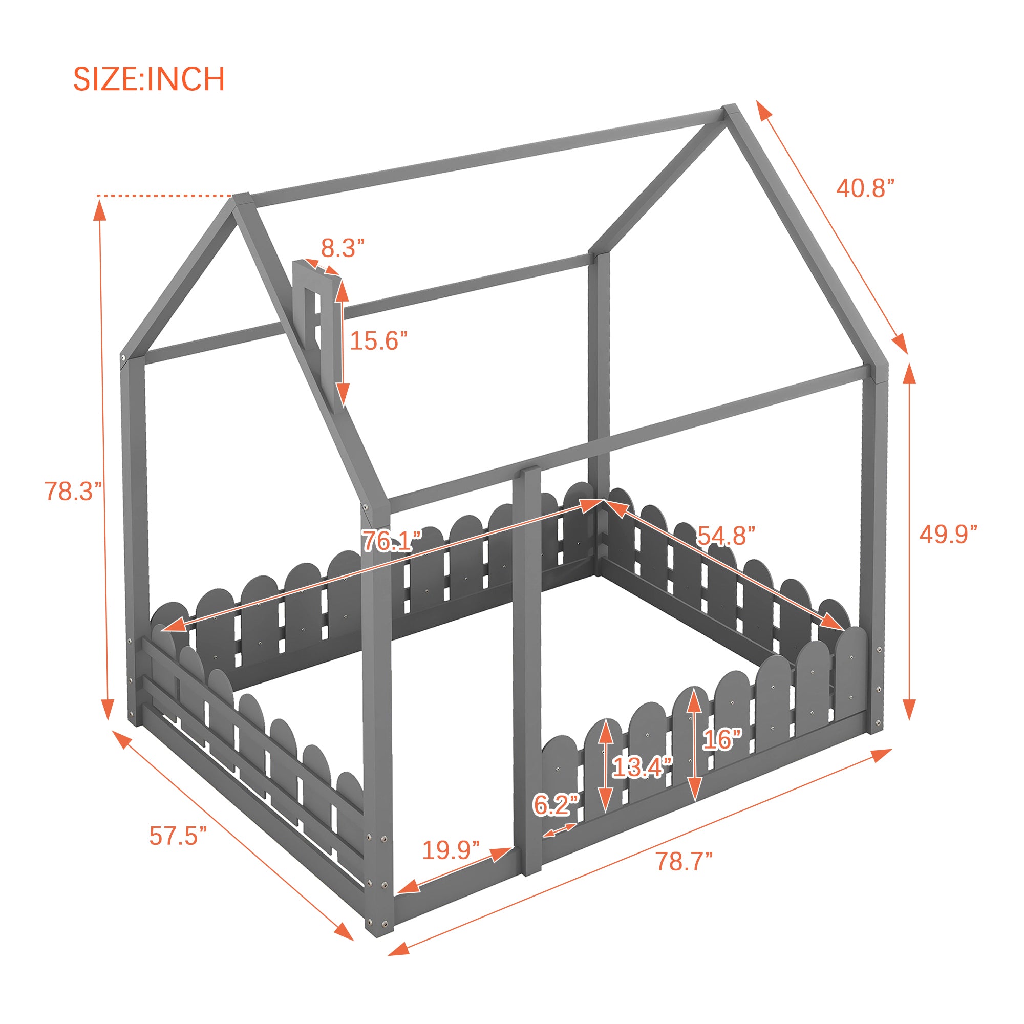 Full Size Wood Bed House Bed Frame with Fence, for Kids, Teens, Girls, Boys, Gray