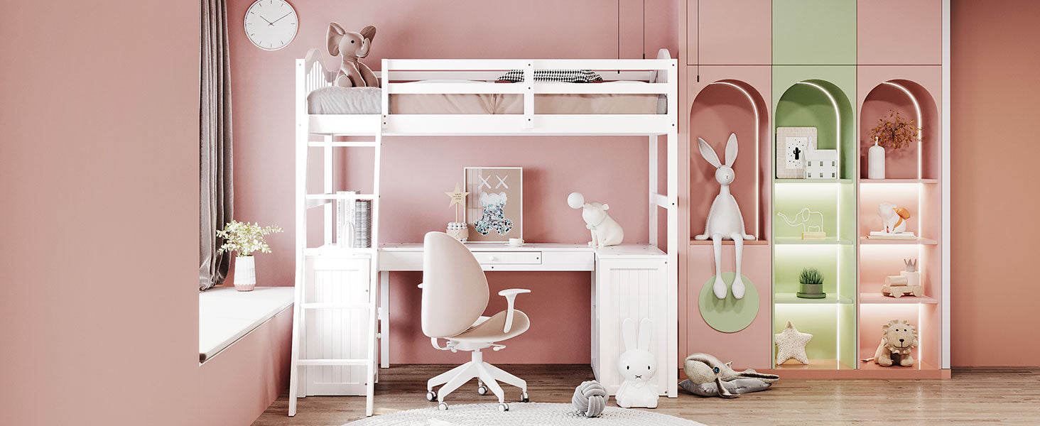 Twin size Loft Bed with Drawers, Cabinet, Shelves and Desk, Wooden Loft Bed with Desk - White