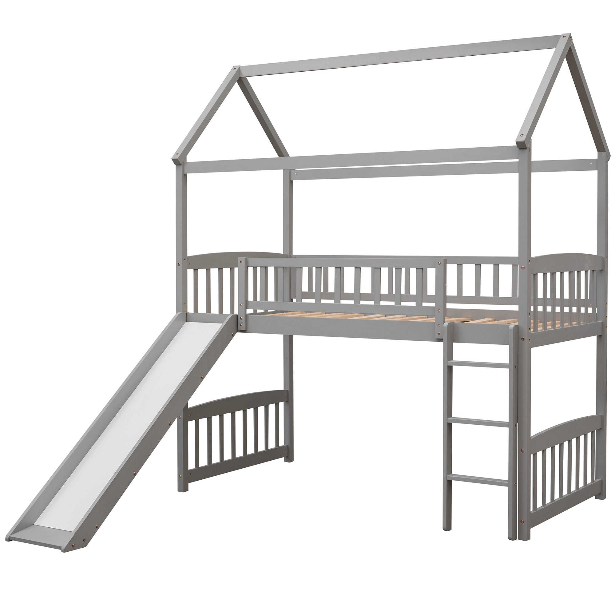 Twin Loft Bed with Slide, House Bed with Slide,White