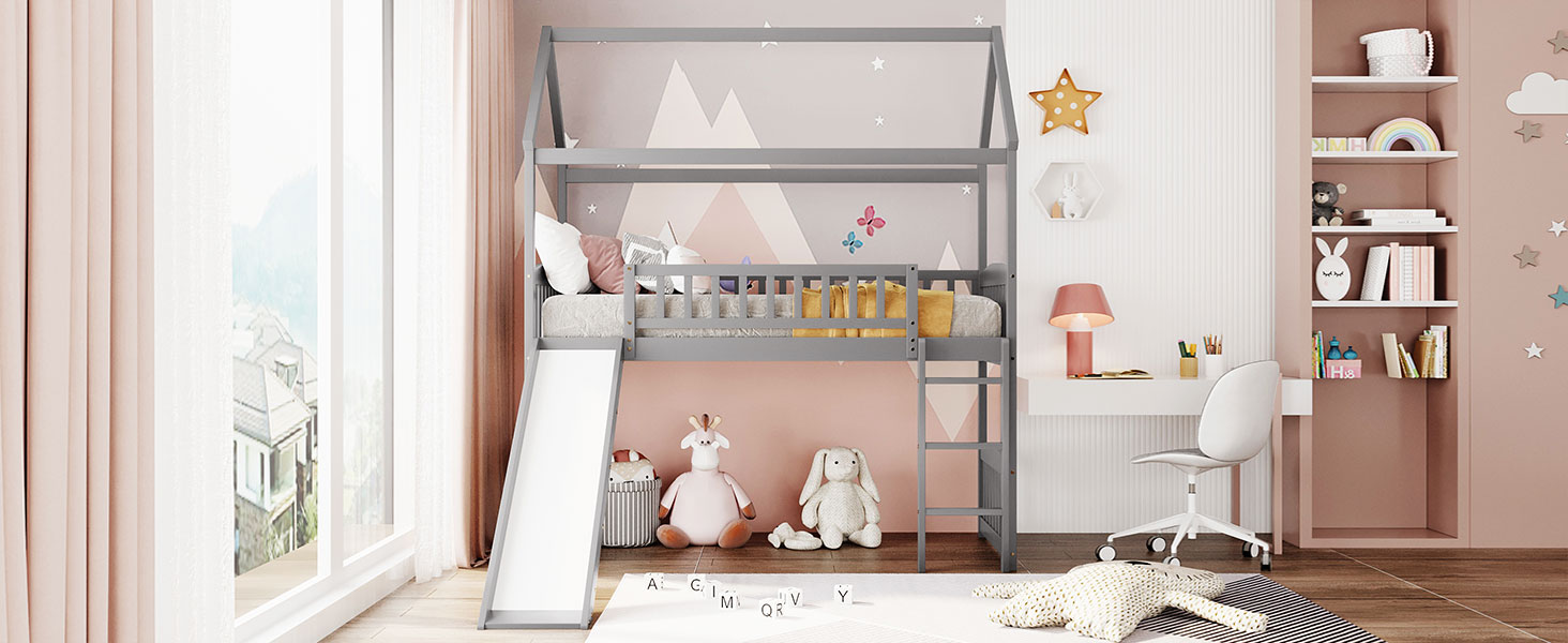 Twin Loft Bed with Slide, House Bed with Slide,White