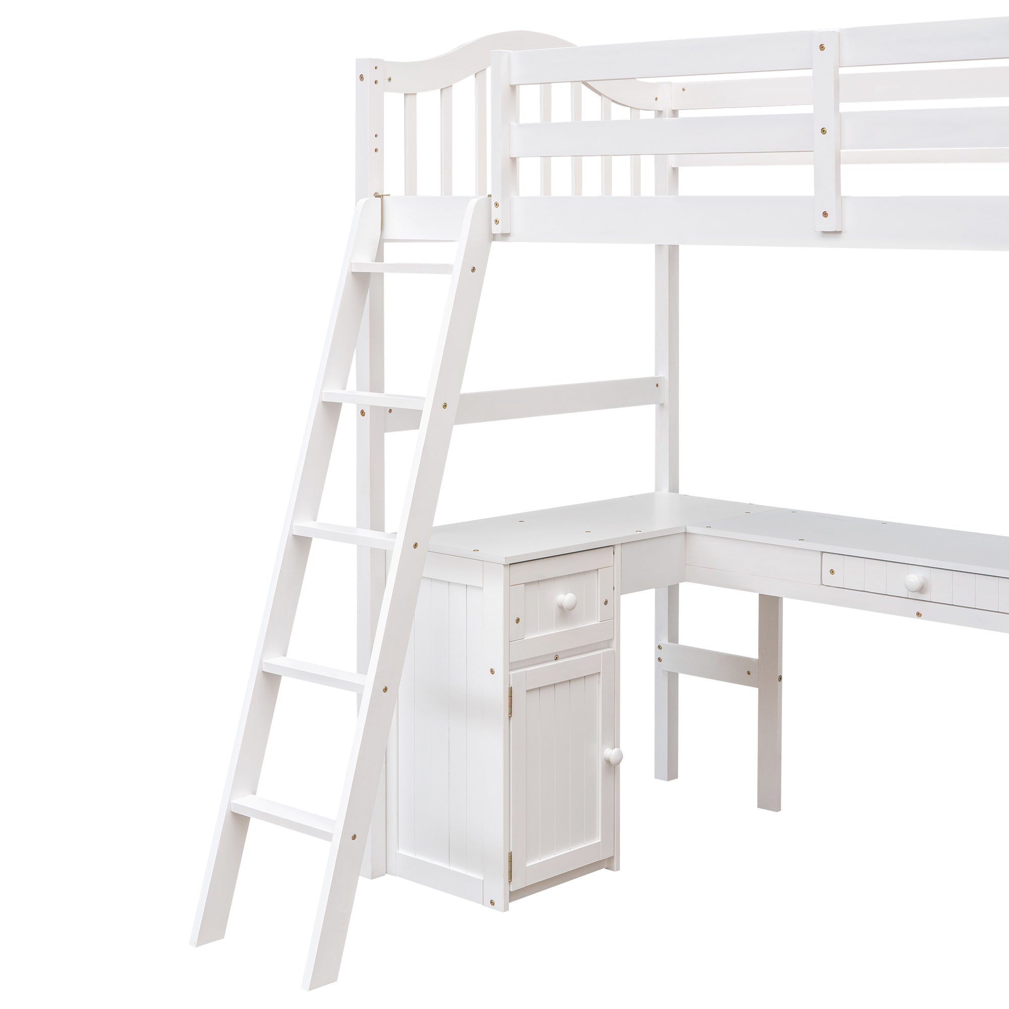 Twin size Loft Bed with Drawers, Cabinet, Shelves and Desk, Wooden Loft Bed with Desk - White