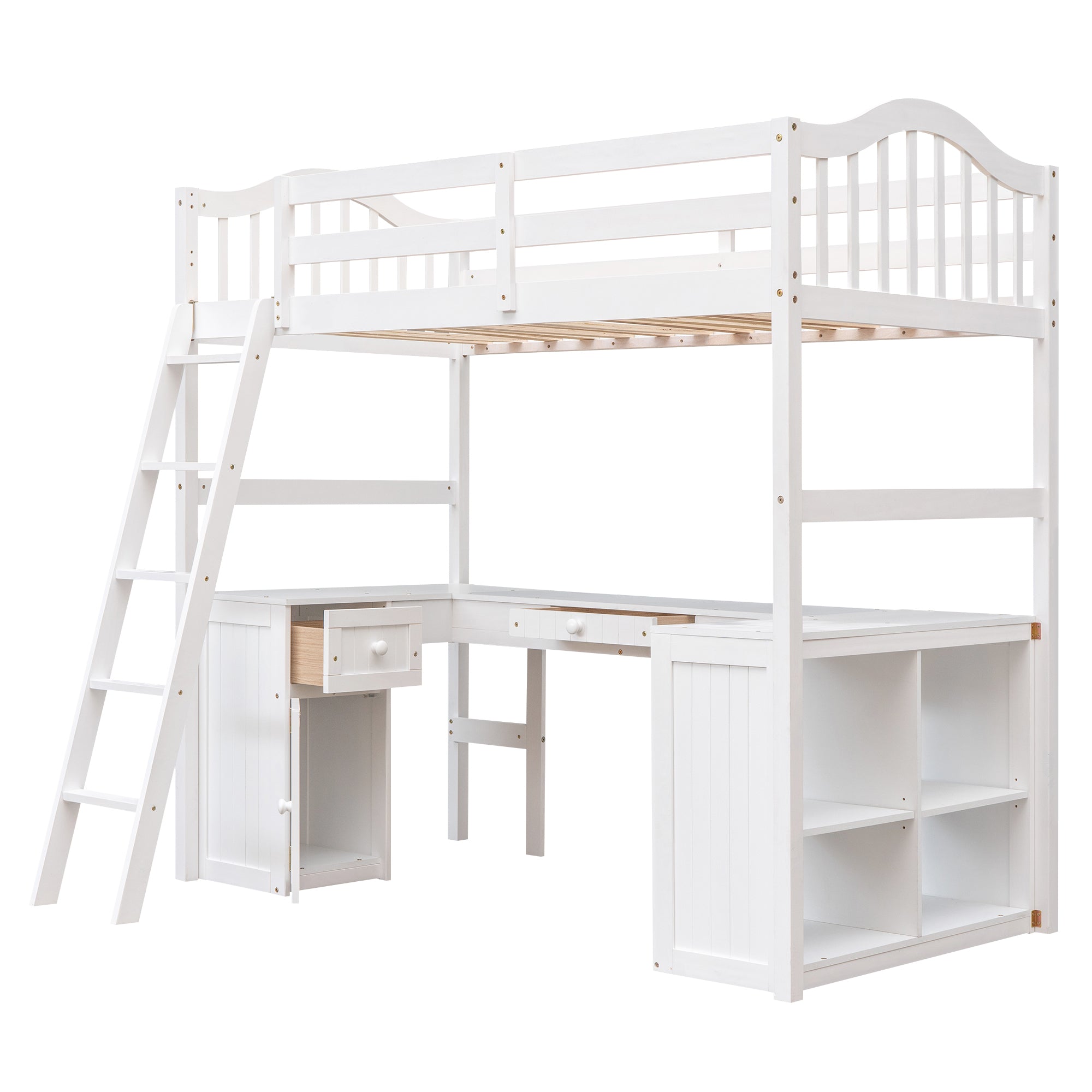 Twin size Loft Bed with Drawers, Cabinet, Shelves and Desk, Wooden Loft Bed with Desk - White