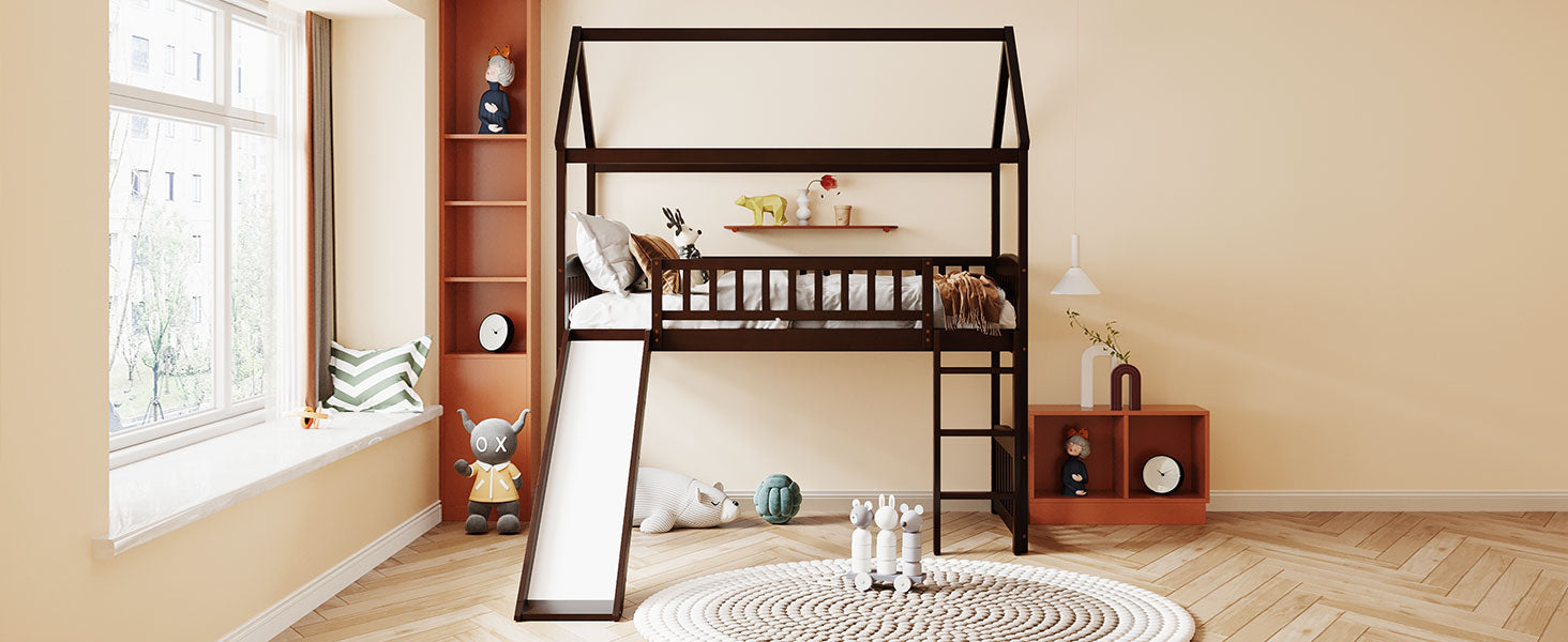 Twin Loft Bed with Slide, House Bed with Slide,Espresso