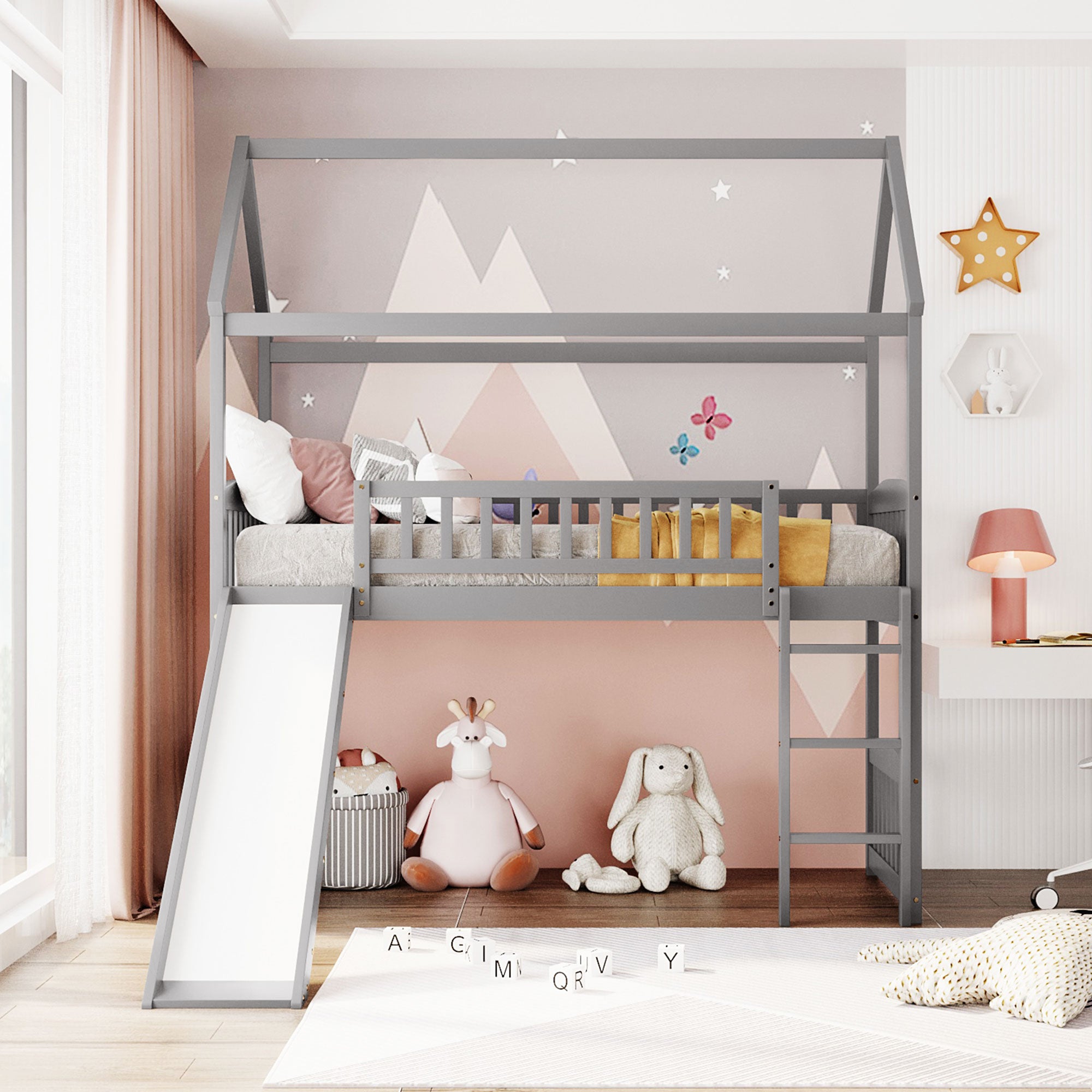 Twin Loft Bed with Slide, House Bed with Slide,White