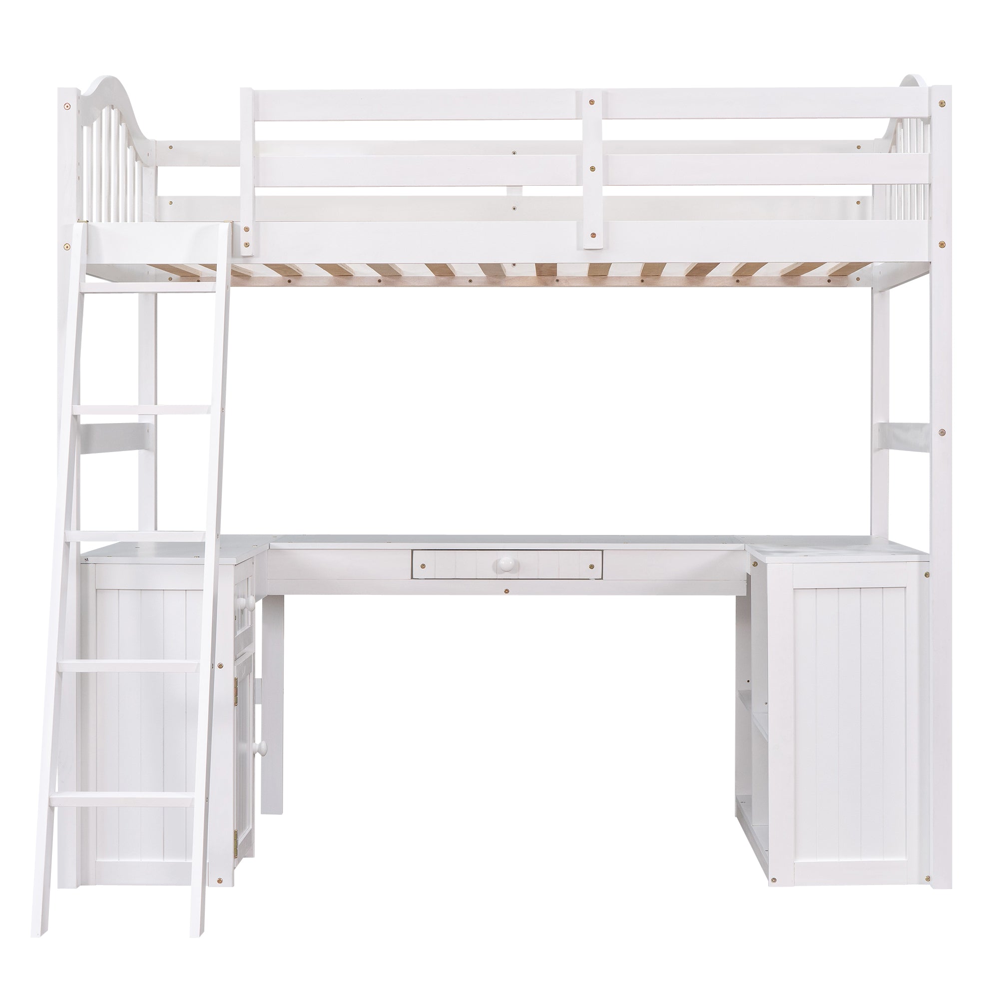 Twin size Loft Bed with Drawers, Cabinet, Shelves and Desk, Wooden Loft Bed with Desk - White