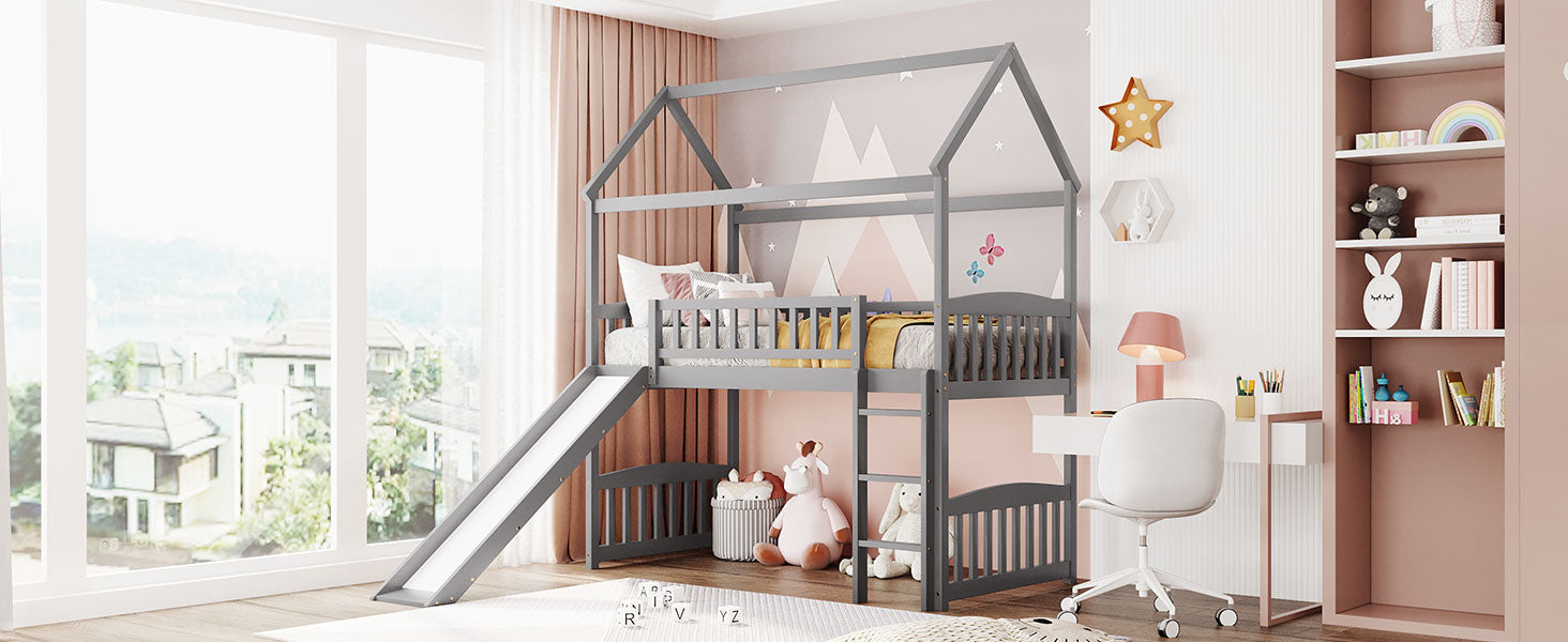 Twin Loft Bed with Slide, House Bed with Slide,White