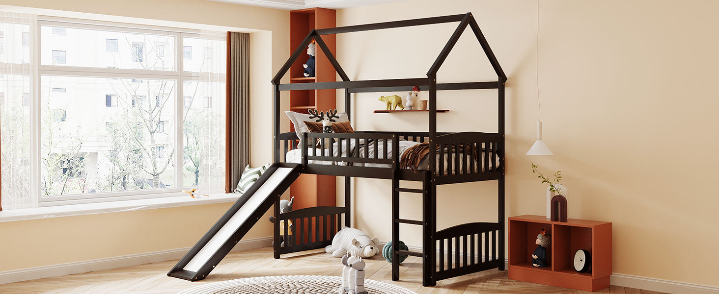 Twin Loft Bed with Slide, House Bed with Slide,Espresso