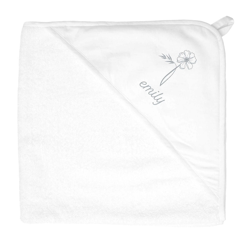 Personalized Hooded Towel | White Linen | Birth Flower Collection