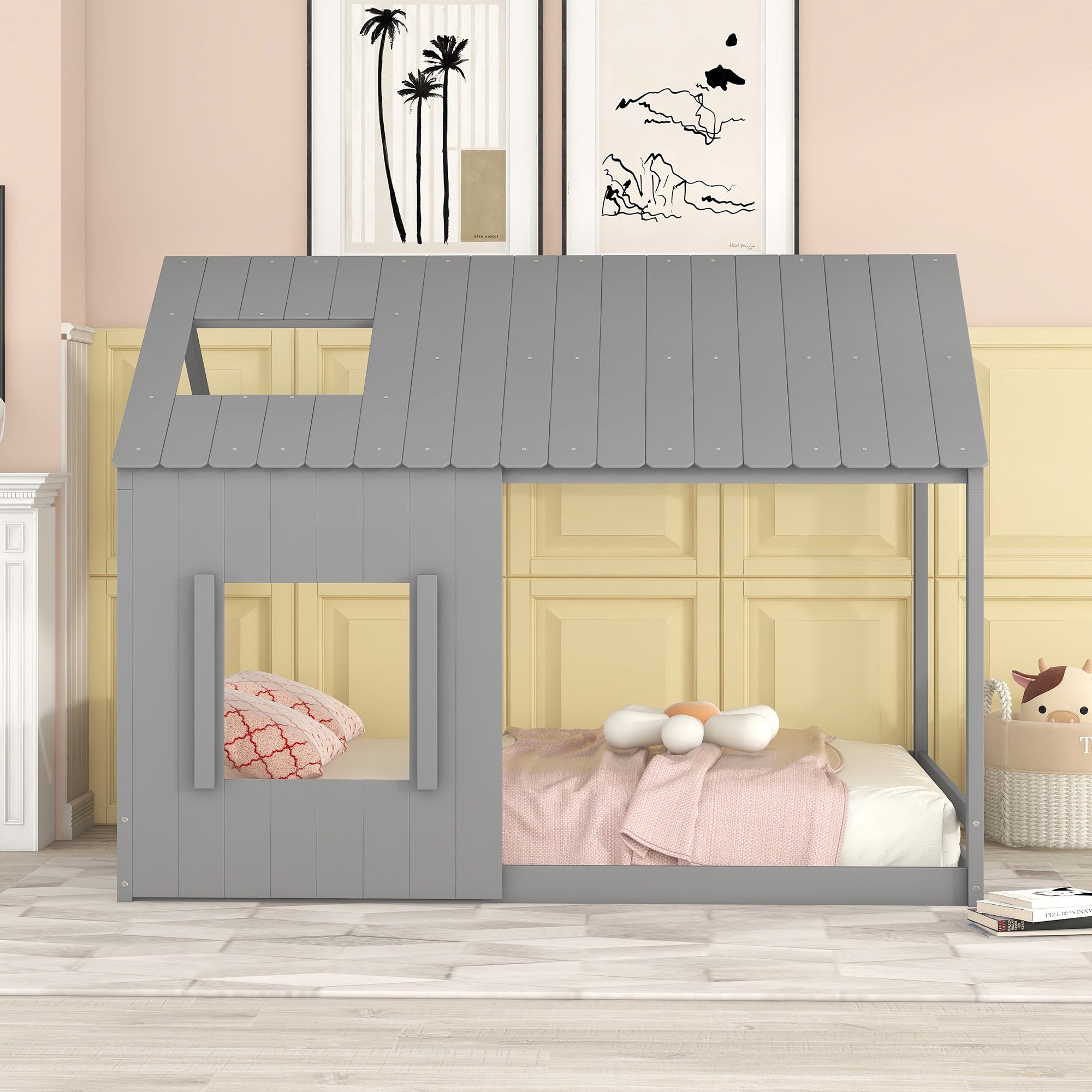 Full Size House Bed with Roof and Window - Gray