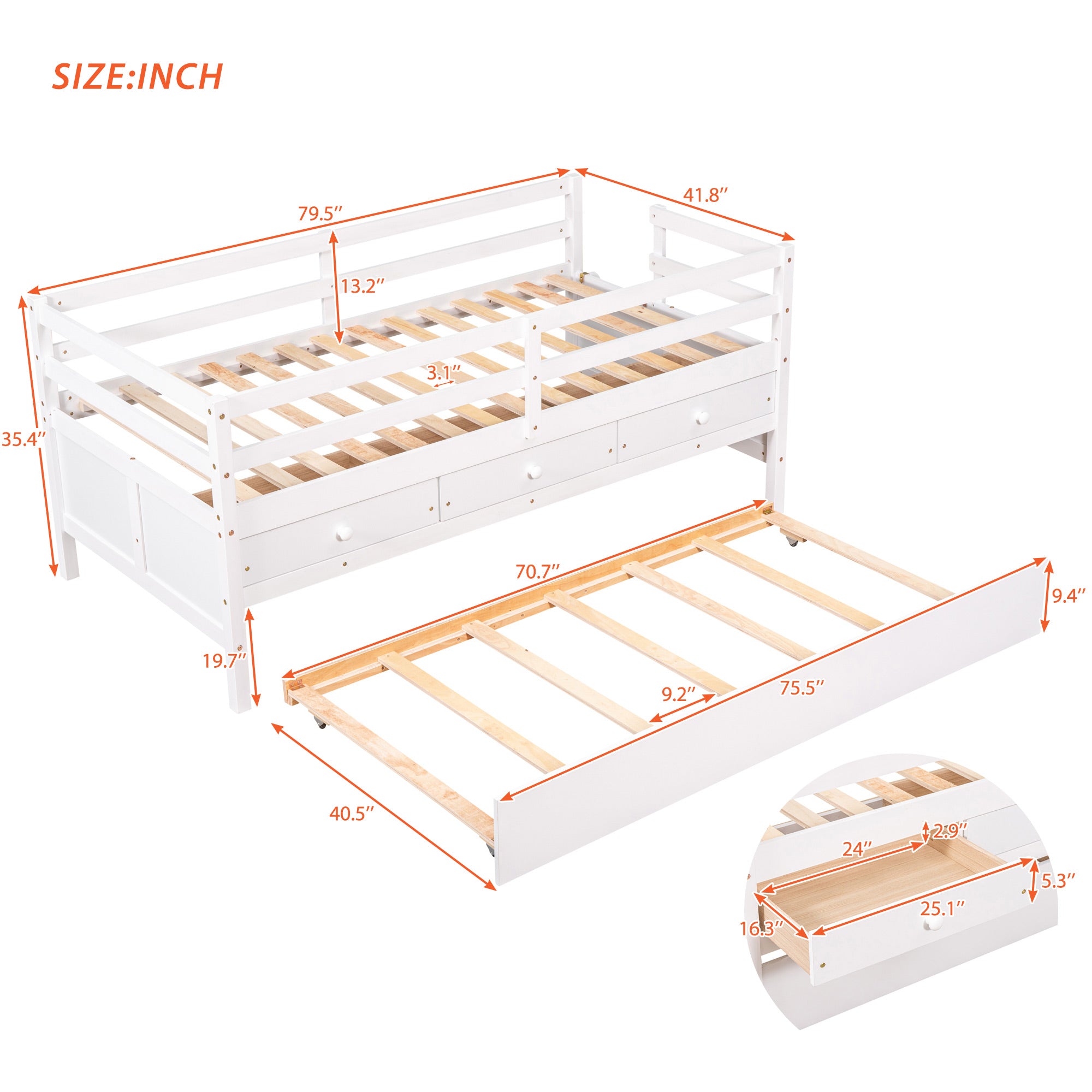 Low Loft Bed Twin Size with Full Safety Fence, Climbing ladder, Storage Drawers and Trundle White Solid Wood Bed