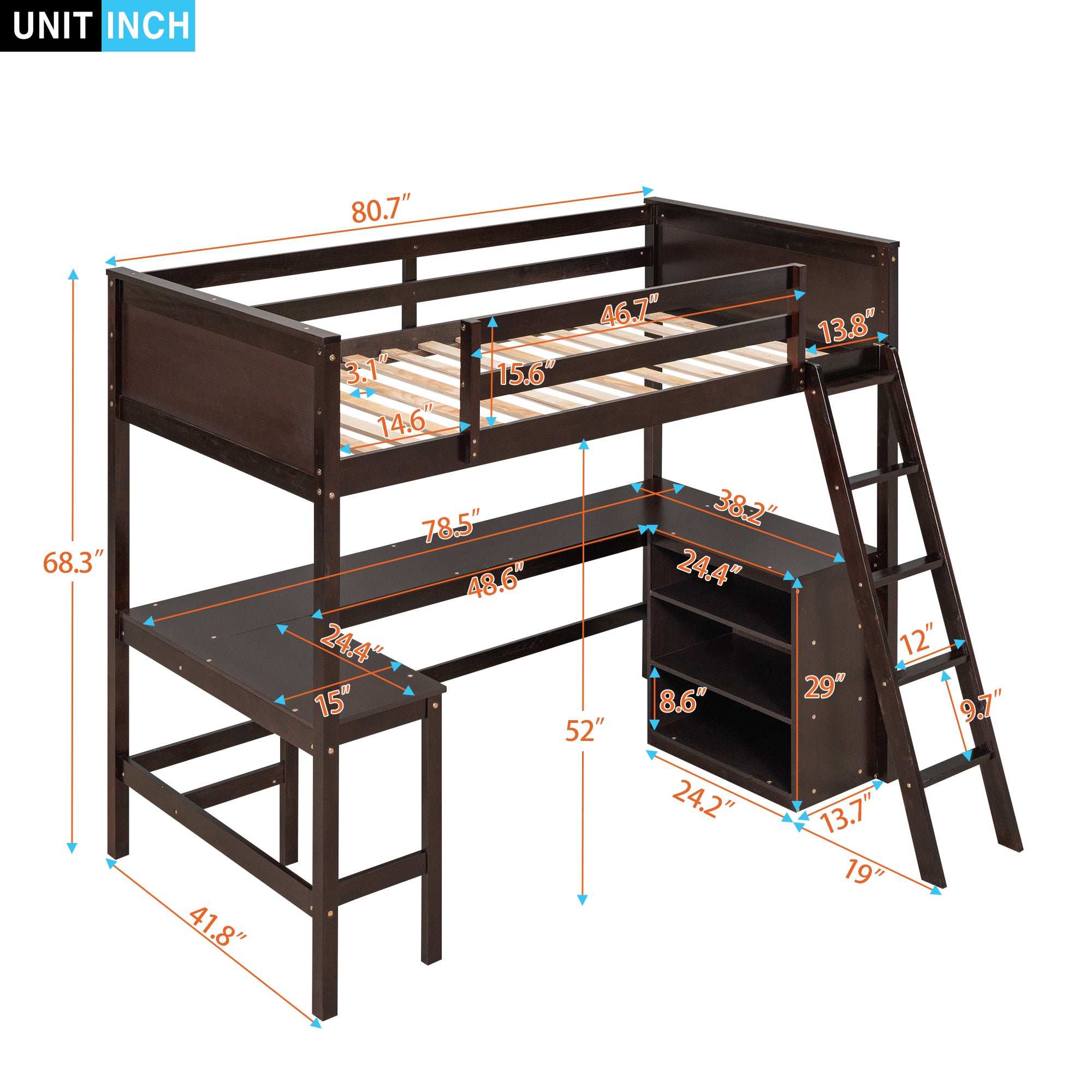 Twin size Loft Bed with Shelves and Desk, Wooden Loft Bed with Desk - Espresso