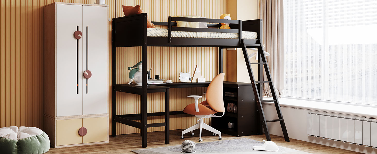 Twin size Loft Bed with Shelves and Desk, Wooden Loft Bed with Desk - Espresso