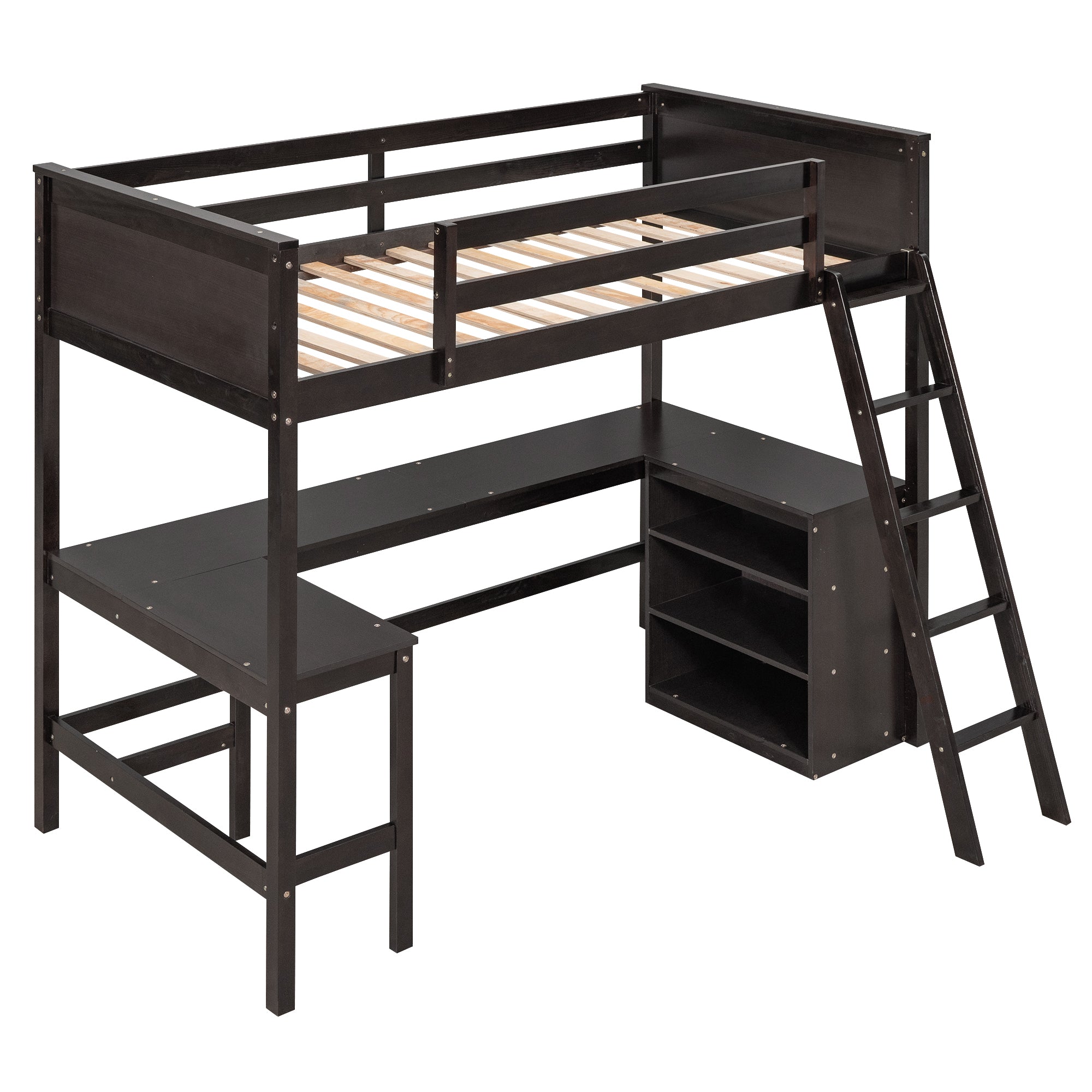 Twin size Loft Bed with Shelves and Desk, Wooden Loft Bed with Desk - Espresso