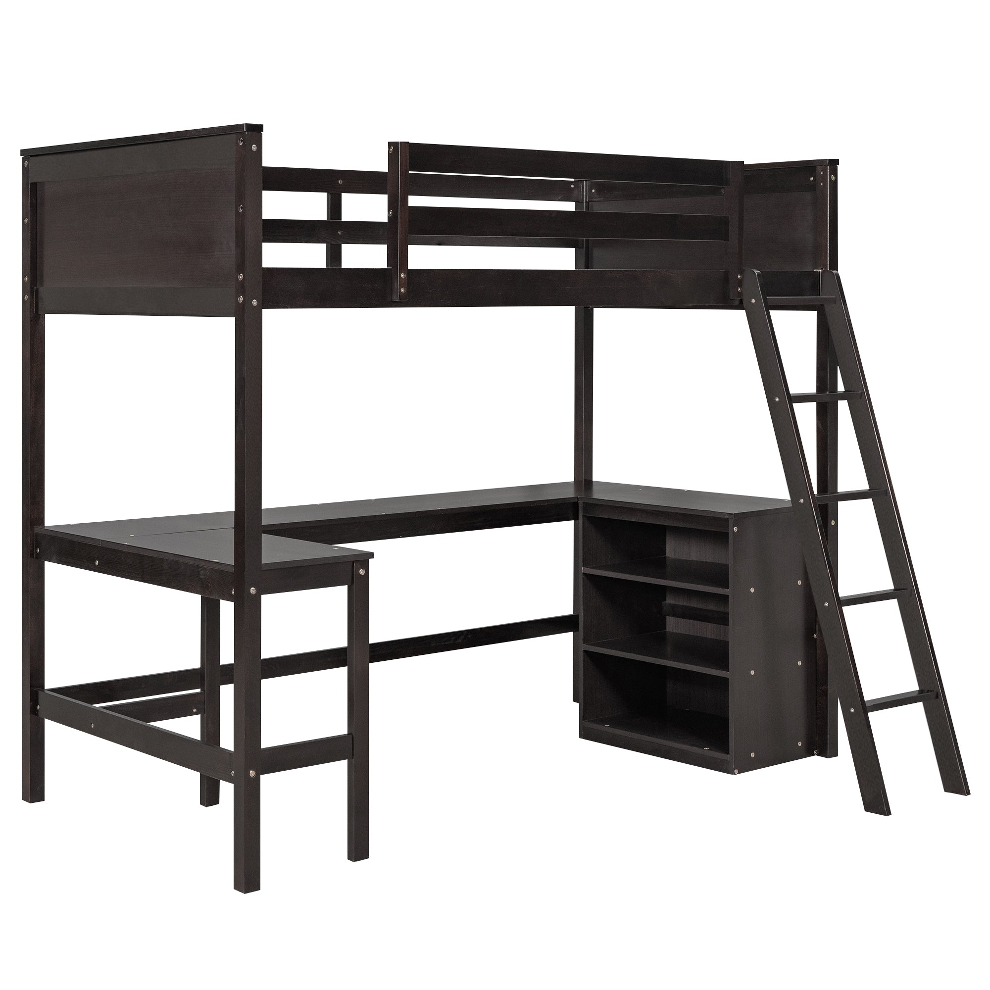 Twin size Loft Bed with Shelves and Desk, Wooden Loft Bed with Desk - Espresso