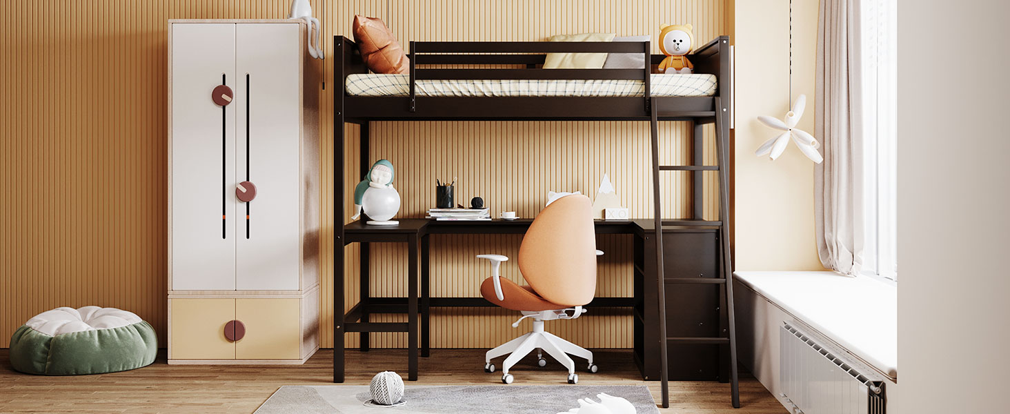 Twin size Loft Bed with Shelves and Desk, Wooden Loft Bed with Desk - Espresso