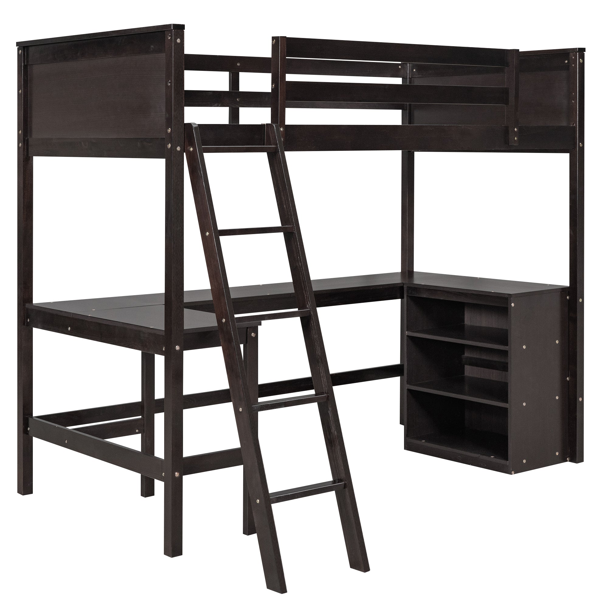 Twin size Loft Bed with Shelves and Desk, Wooden Loft Bed with Desk - Espresso