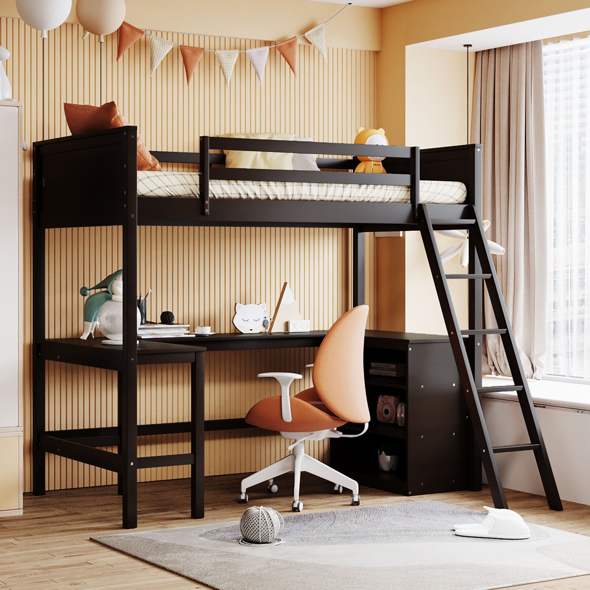 Twin size Loft Bed with Shelves and Desk, Wooden Loft Bed with Desk - Espresso