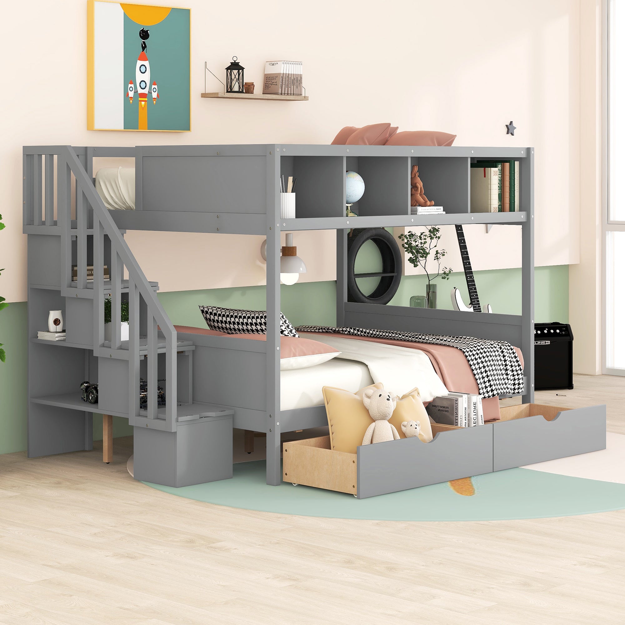 Twin over Full Bunk Bed with Shelfs, Storage Staircase and 2 Drawers, Gray