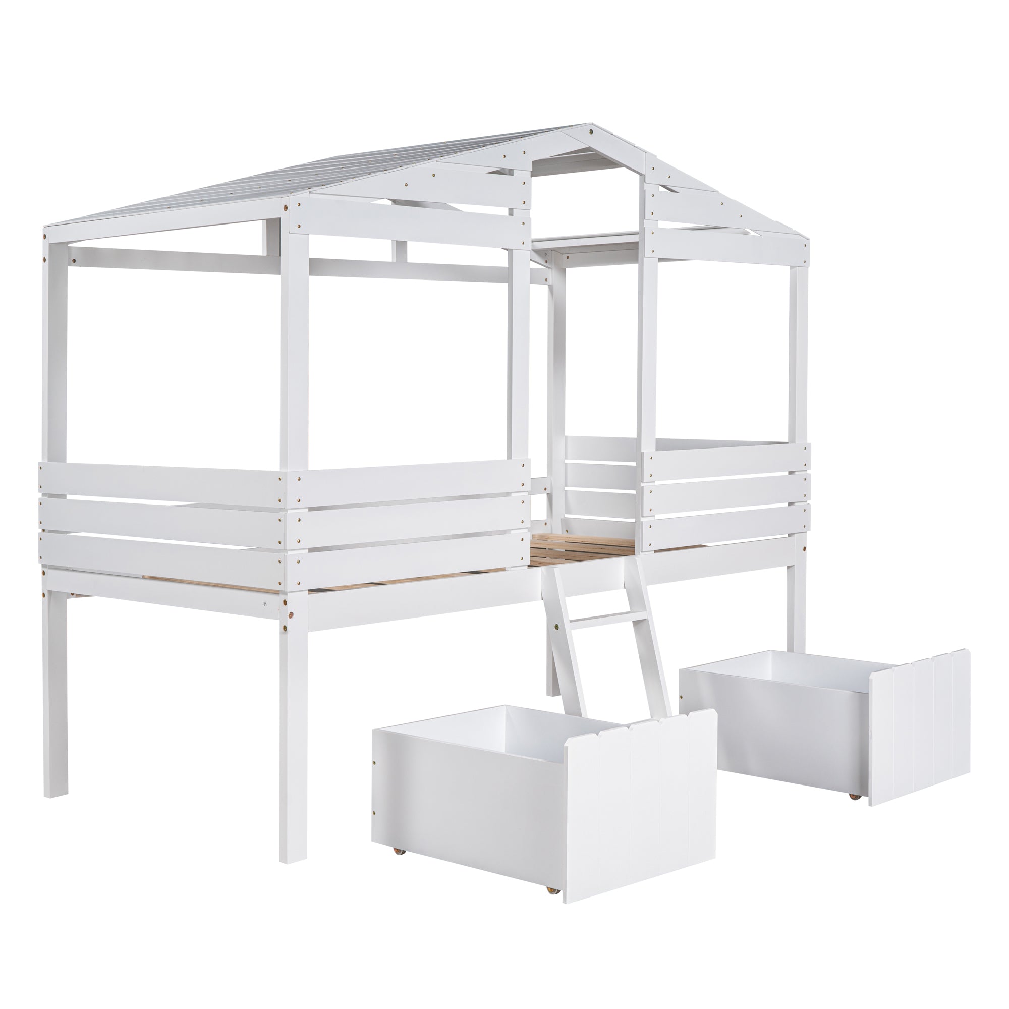 Twin Size Low Loft Wood House Bed with Two Drawers, White