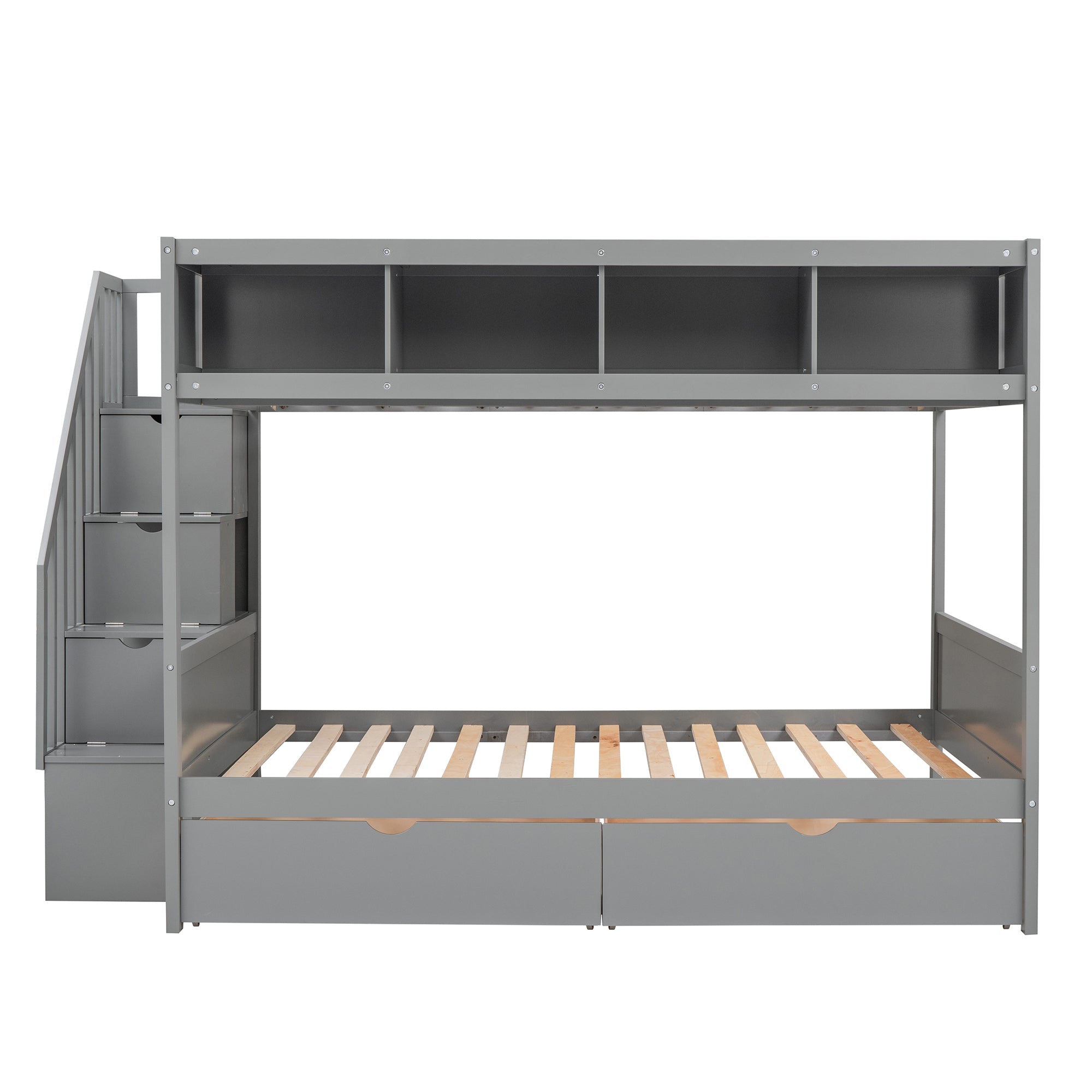 Twin over Full Bunk Bed with Shelfs, Storage Staircase and 2 Drawers, Gray