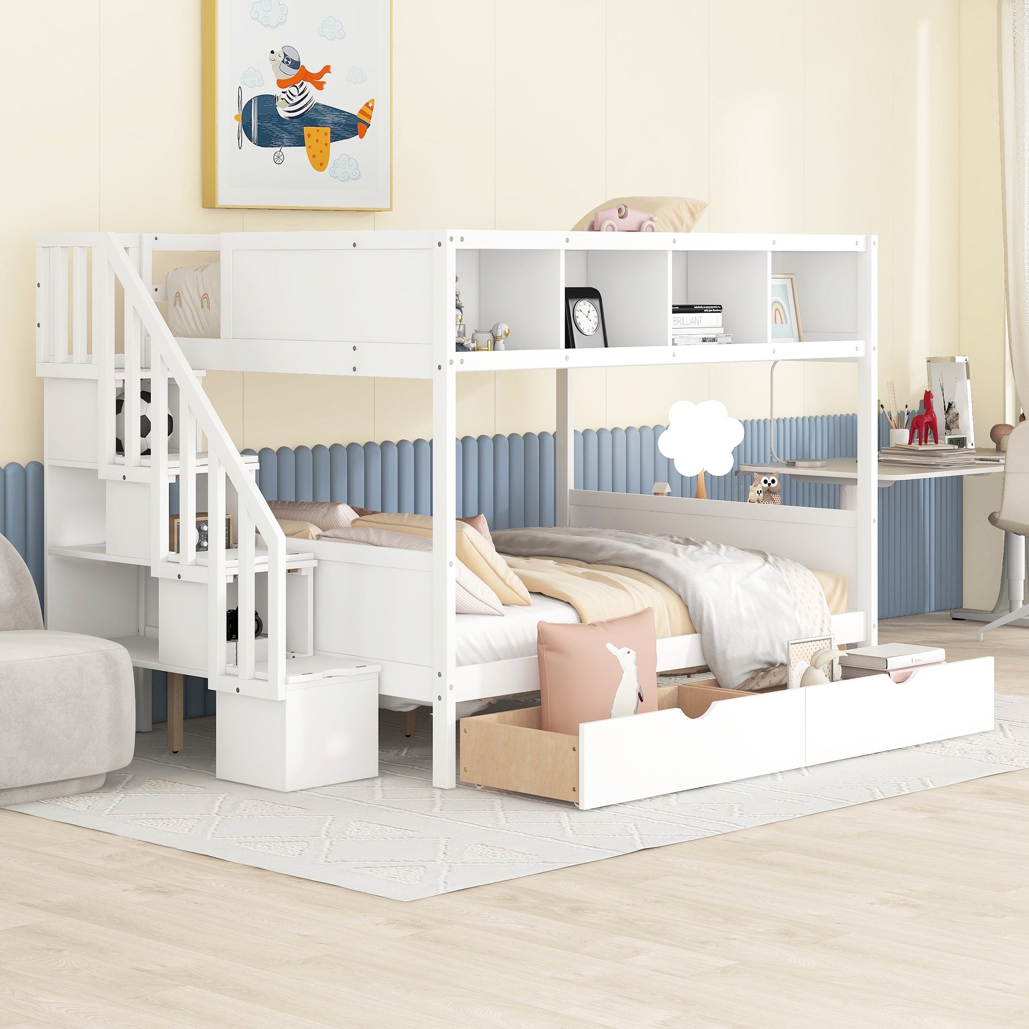 Twin over Full Bunk Bed with Shelfs, Storage Staircase and 2 Drawers, White