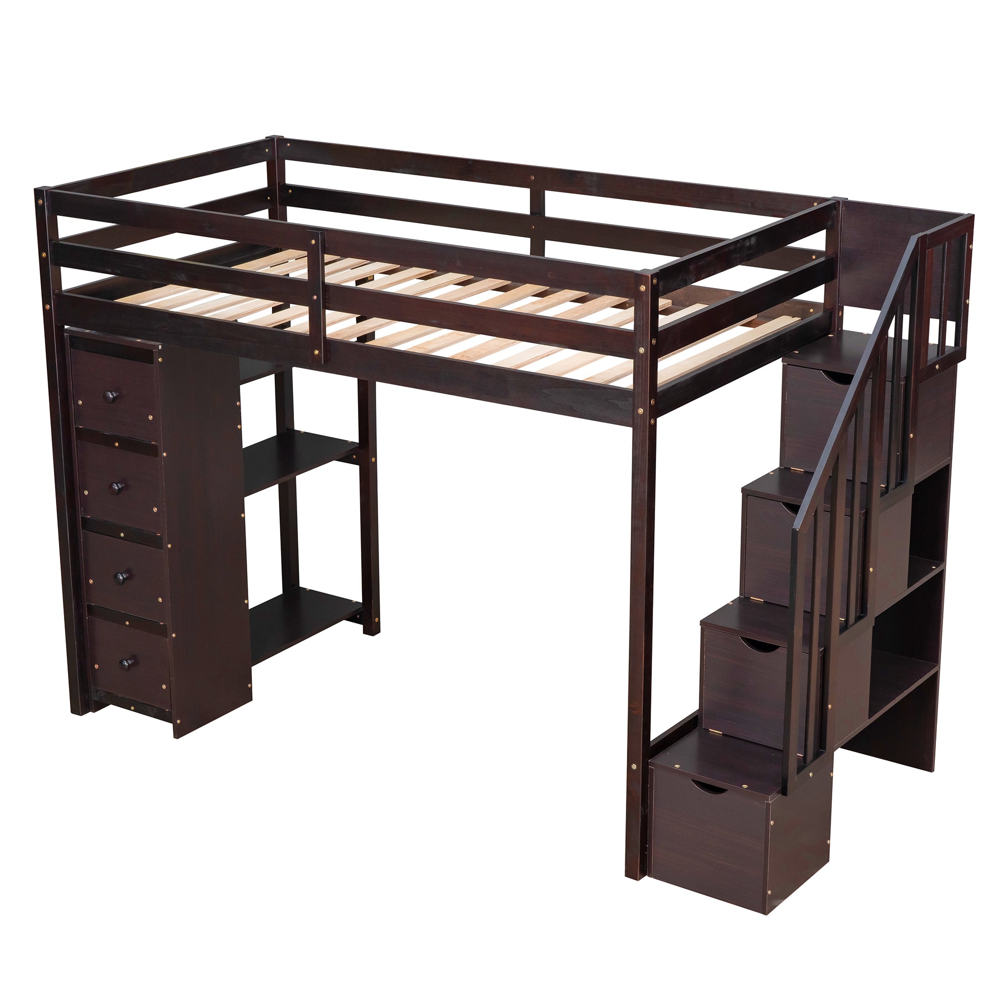 Twin size Loft Bed with Storage Drawers and Stairs, Wooden Loft Bed with Shelves - Espresso